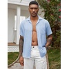 COOFANDY Men Short Sleeve Button Down Shirts Summer Linen Textured Shirt Casual Beach Tops with Pocket(02-light Blue)