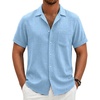 COOFANDY Men Short Sleeve Button Down Shirts Summer Linen Textured Shirt Casual Beach Tops with Pocket(02-light Blue)