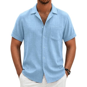 COOFANDY Men Short Sleeve Button Down Shirts Summer Linen Textured Shirt Casual Beach Tops with Pocket(02-light Blue)