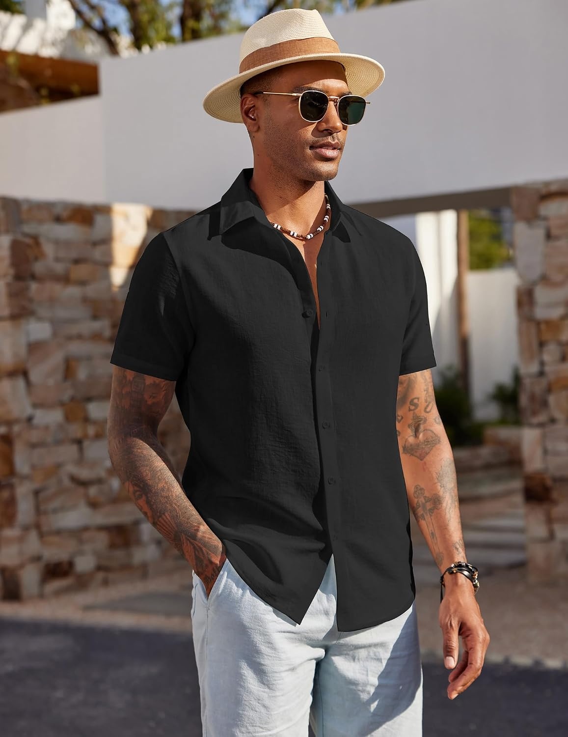 image:imageCOOFANDY Mens Short Sleeve Button Down Shirt Casual Summer Beach Wedding Vacation ShirtsBlack