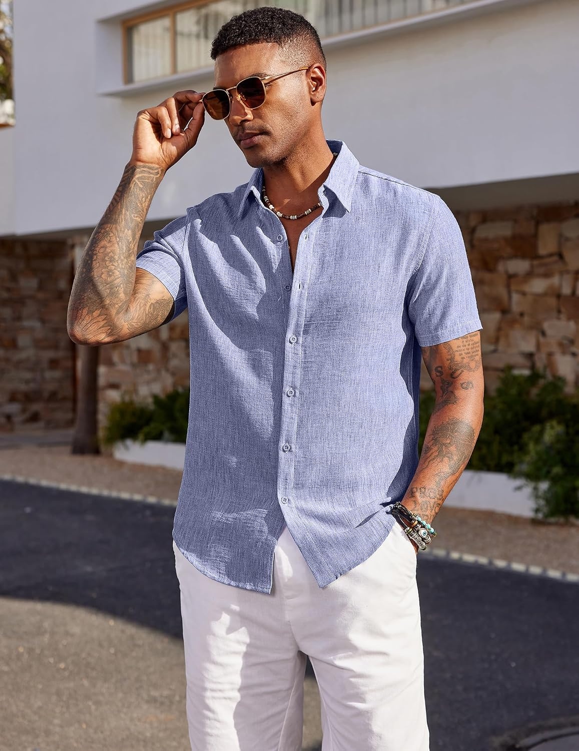 image:imageCOOFANDY Mens Short Sleeve Button Down Shirt Casual Summer Beach Wedding Vacation ShirtsBlue