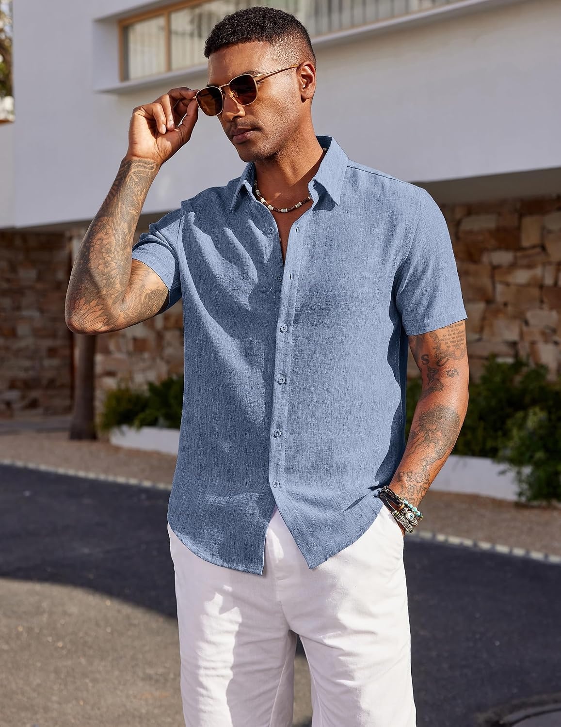 image:imageCOOFANDY Mens Short Sleeve Button Down Shirt Casual Summer Beach Wedding Vacation ShirtsDenim Blue