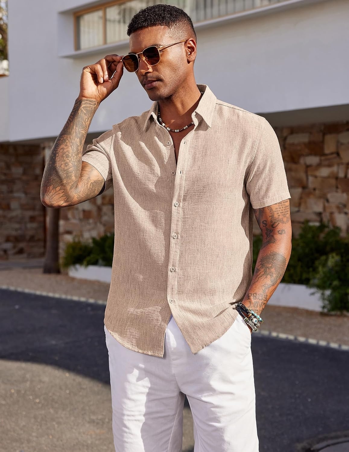image:imageCOOFANDY Mens Short Sleeve Button Down Shirt Casual Summer Beach Wedding Vacation ShirtsKhaki