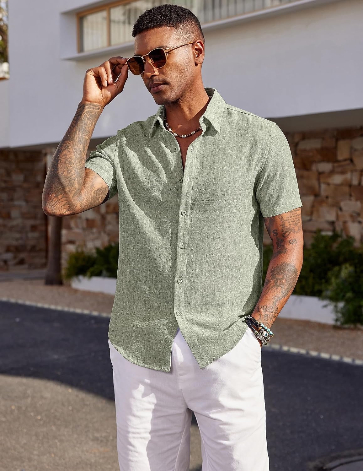 image:imageCOOFANDY Mens Short Sleeve Button Down Shirt Casual Summer Beach Wedding Vacation ShirtsLight Green