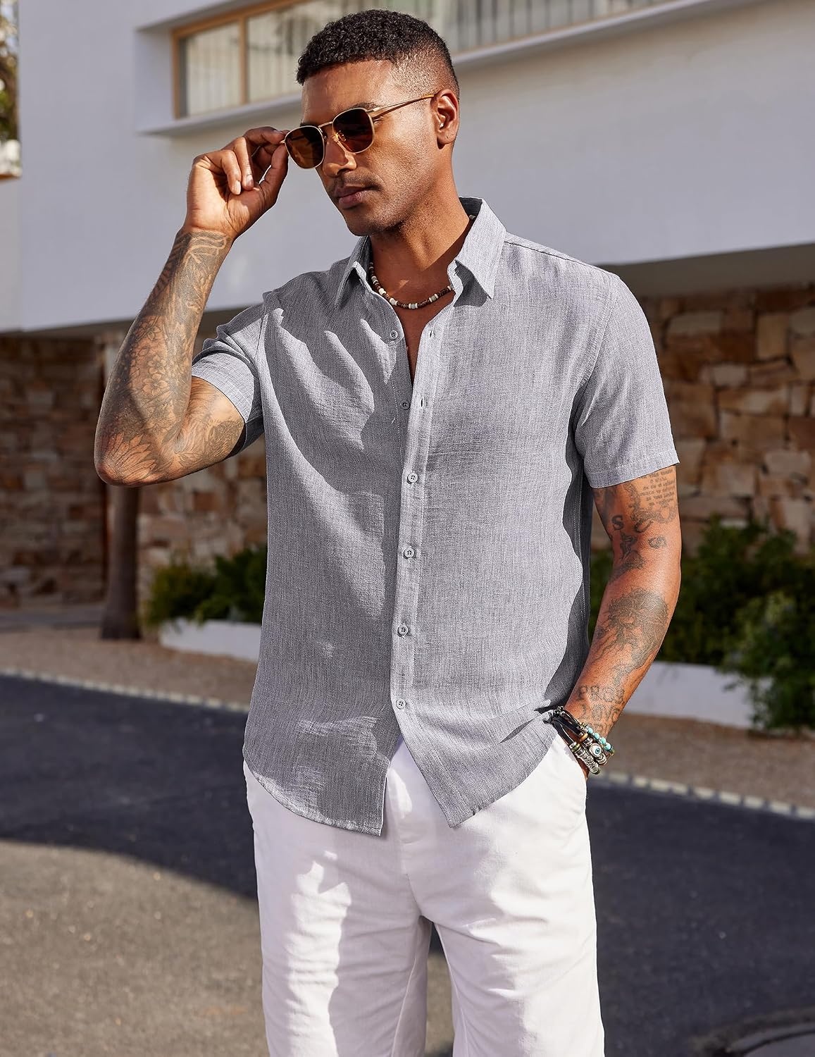image:imageCOOFANDY Mens Short Sleeve Button Down Shirt Casual Summer Beach Wedding Vacation ShirtsLight Grey
