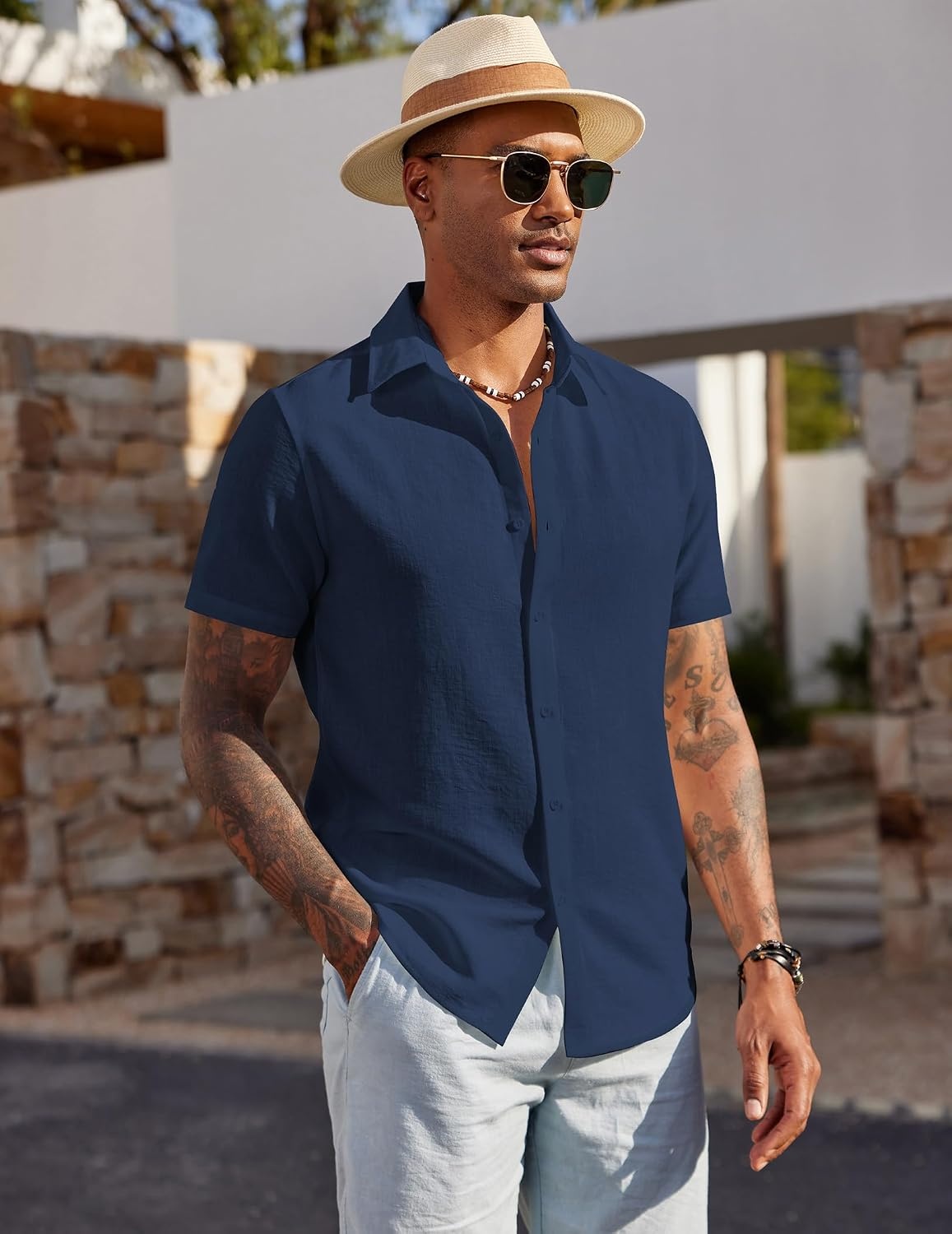 image:imageCOOFANDY Mens Short Sleeve Button Down Shirt Casual Summer Beach Wedding Vacation ShirtsNavy Blue
