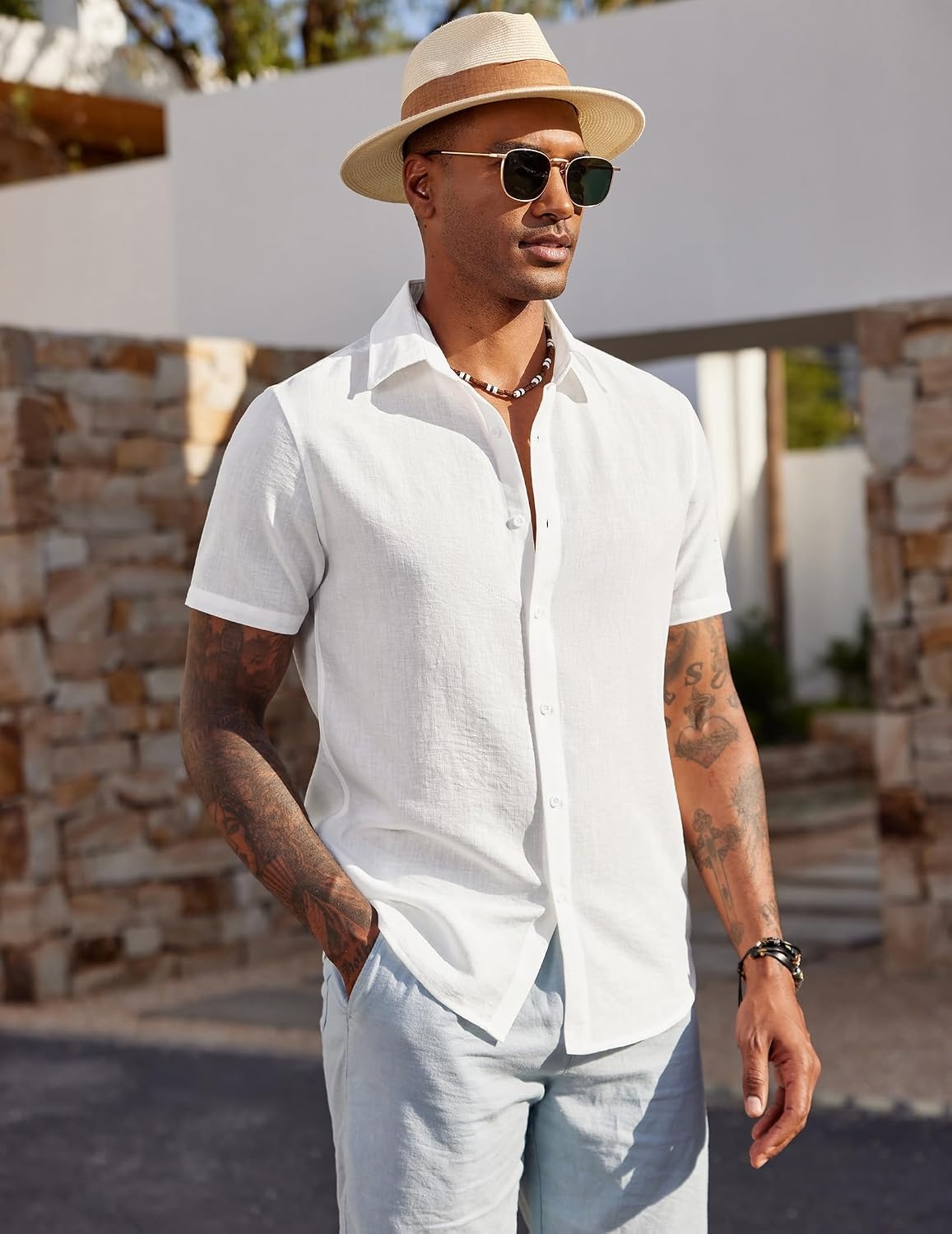image:imageCOOFANDY Mens Short Sleeve Button Down Shirt Casual Summer Beach Wedding Vacation ShirtsWhite