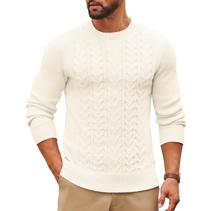 COOFANDY Mens Cable Knit Sweater Casual Long Leeve Crewneck Pullover Sweaters Twist Textured Fisherman Sweater(White)