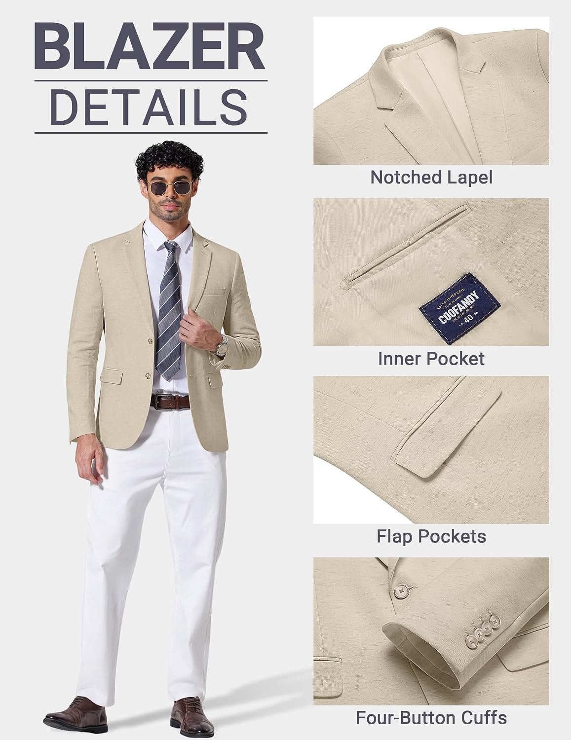 image:imageCOOFANDY Mens Casual Blazer Lightweight Sport Coat Linen Blazer Suit Jacket 2 Button Mens Blazer Smooth and Comfortable Structured feel Natural textureBreathable and Lightweight for All Year WearLight Khaki