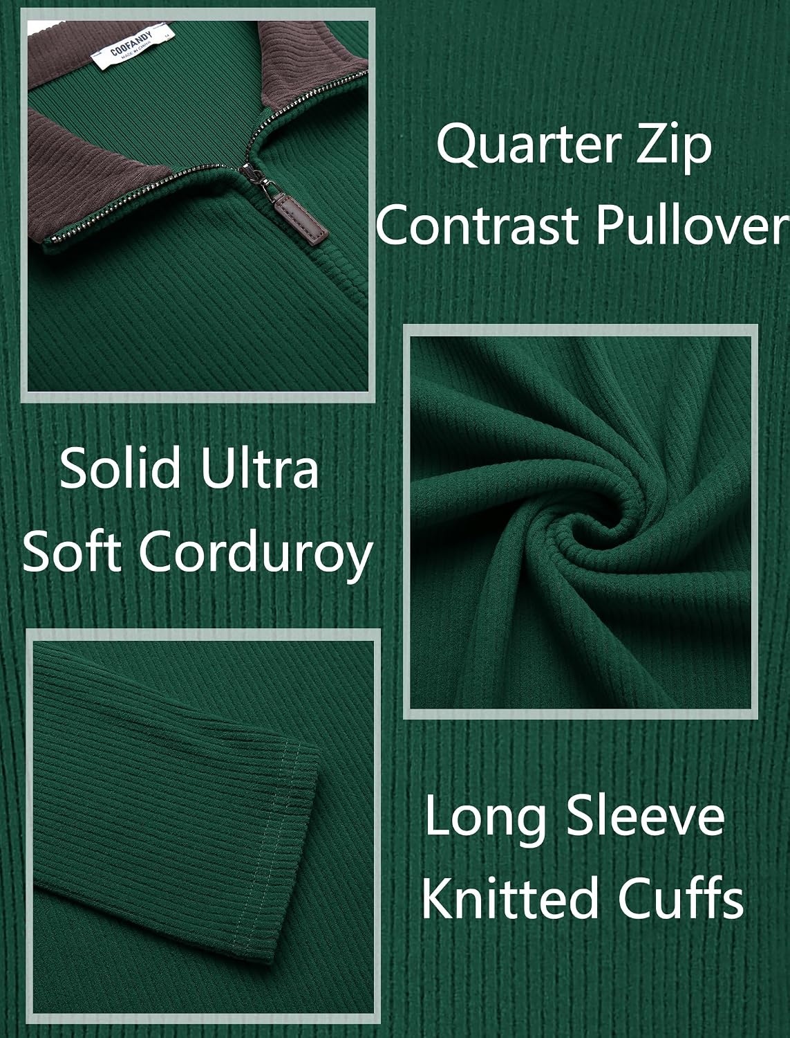 image:imageCOOFANDY Mens Quarter Zip Pullover Contrast Collar Corduroy Sweatshirt Contrast Collar Pullover Mock Neck Sweatshirt Soft Corduroy Pullover Relaxed Fit For Casual Work Travel And Daily WearEver Green