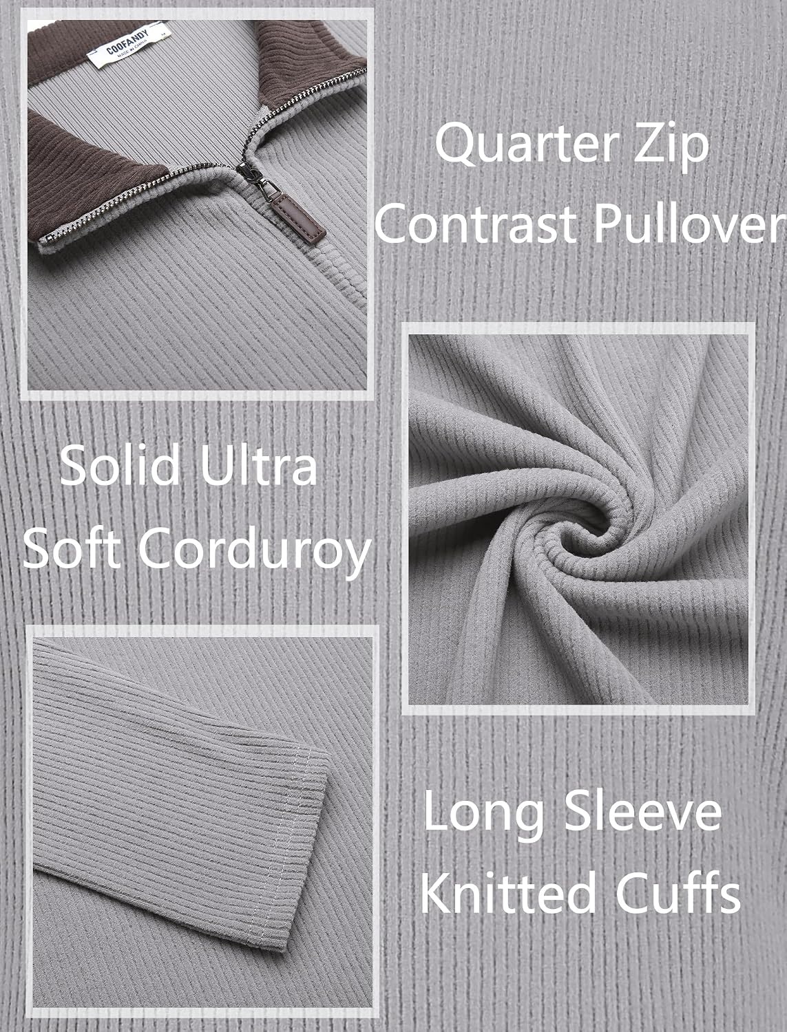 image:imageCOOFANDY Mens Quarter Zip Pullover Contrast Collar Corduroy Sweatshirt Contrast Collar Pullover Mock Neck Sweatshirt Soft Corduroy Pullover Relaxed Fit For Casual Work Travel And Daily WearGray