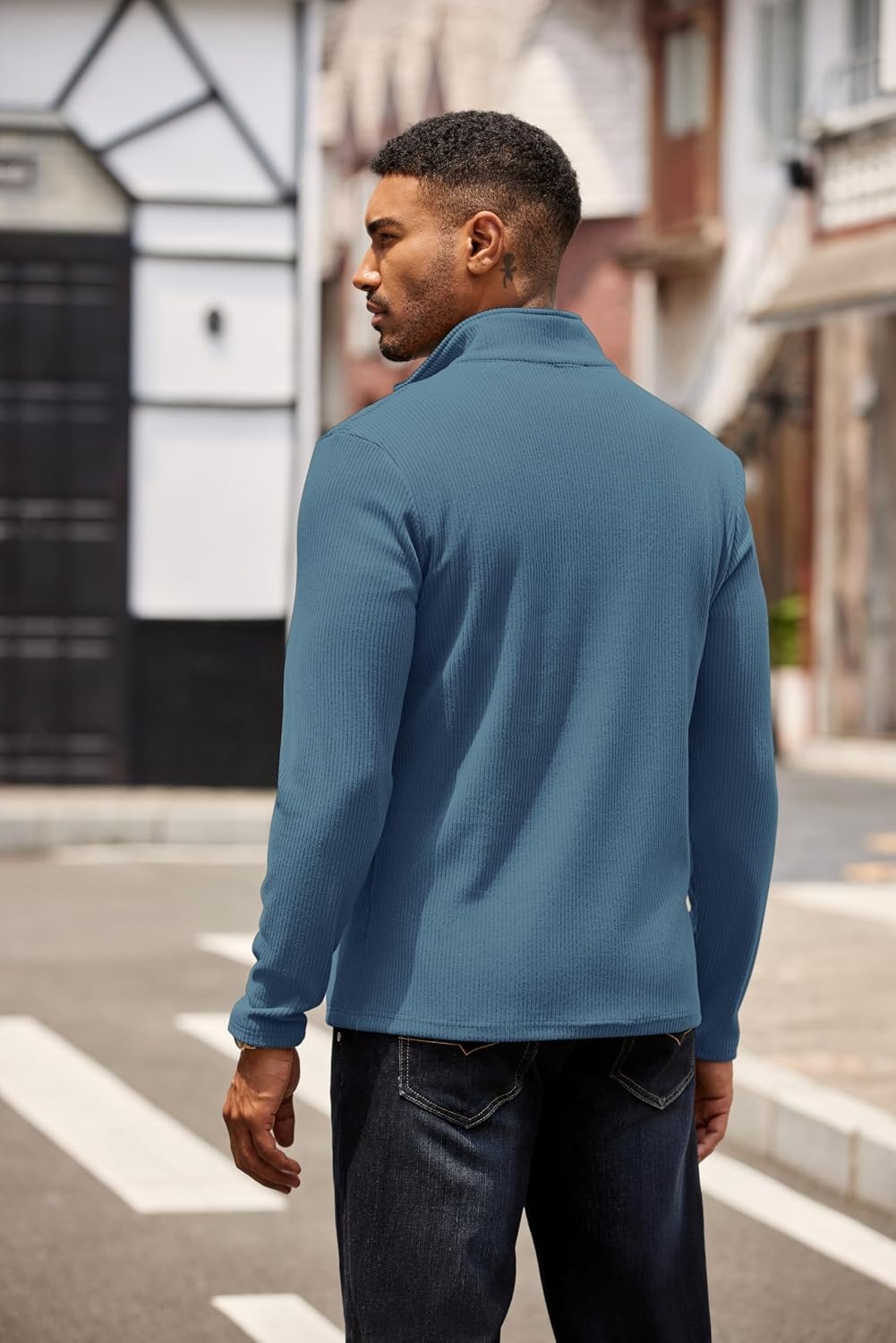 image:imageCOOFANDY Mens Quarter Zip Pullover Contrast Collar Corduroy Sweatshirt Contrast Collar Pullover Mock Neck Sweatshirt Soft Corduroy Pullover Relaxed Fit For Casual Work Travel And Daily WearDark Blue