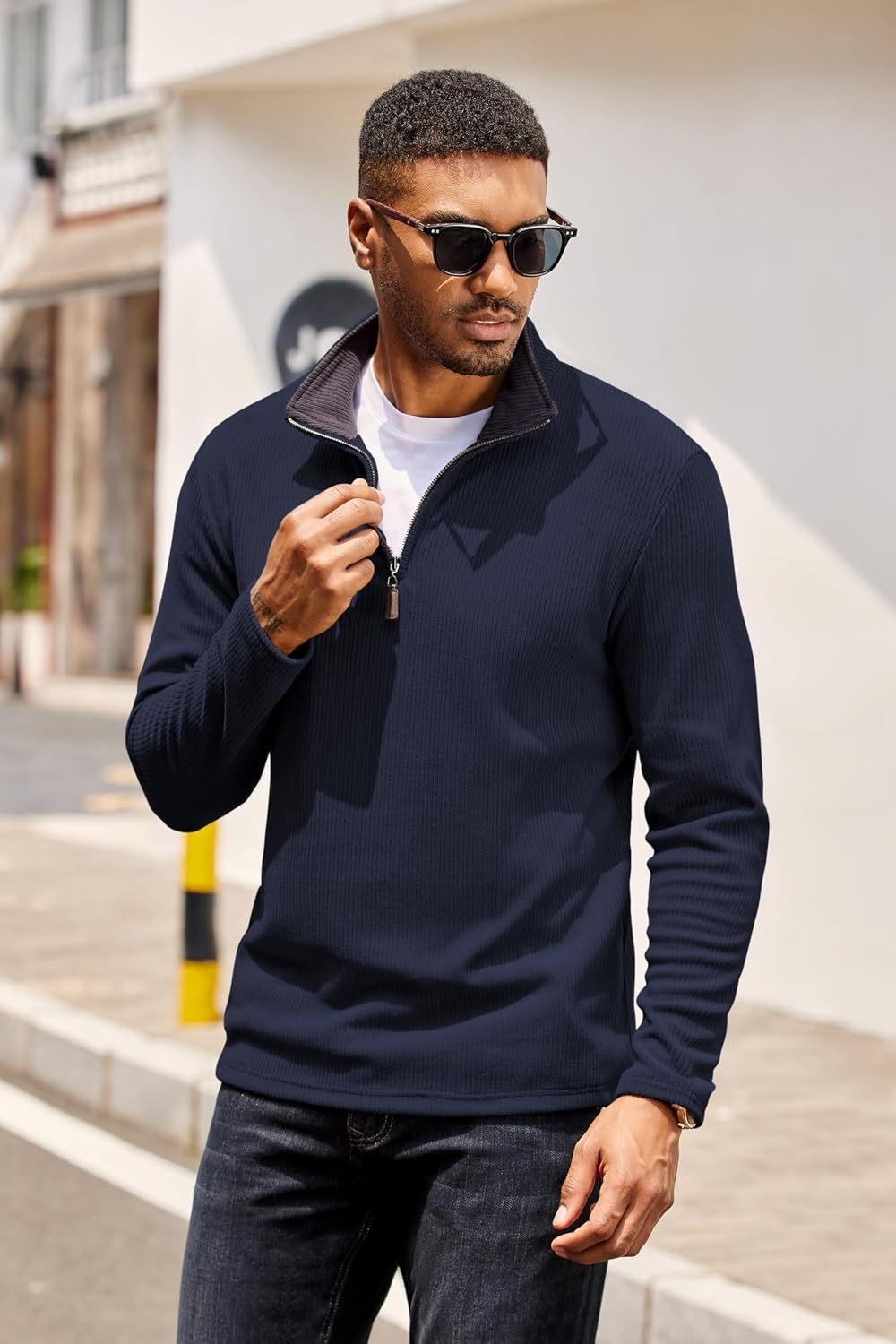 image:imageCOOFANDY Mens Quarter Zip Pullover Contrast Collar Corduroy Sweatshirt Contrast Collar Pullover Mock Neck Sweatshirt Soft Corduroy Pullover Relaxed Fit For Casual Work Travel And Daily WearNavy Blue