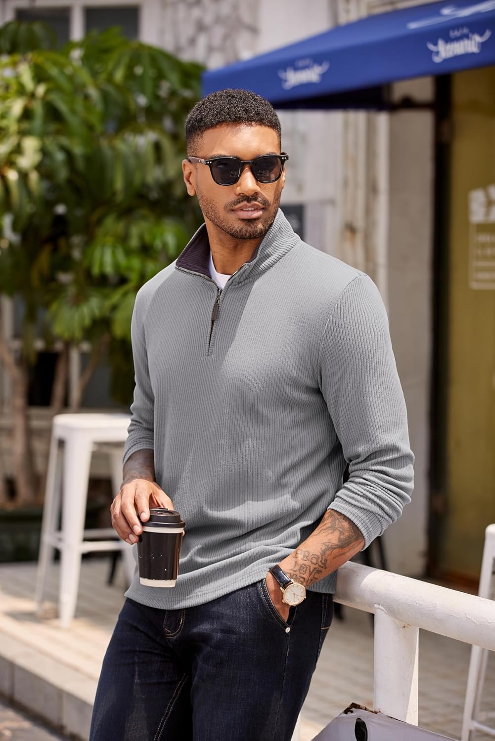 image:imageCOOFANDY Mens Quarter Zip Pullover Contrast Collar Corduroy Sweatshirt Contrast Collar Pullover Mock Neck Sweatshirt Soft Corduroy Pullover Relaxed Fit For Casual Work Travel And Daily WearGray