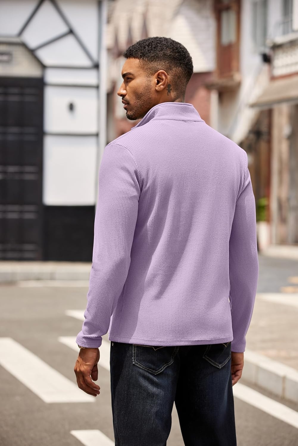 image:imageCOOFANDY Mens Quarter Zip Pullover Contrast Collar Corduroy Sweatshirt Contrast Collar Pullover Mock Neck Sweatshirt Soft Corduroy Pullover Relaxed Fit For Casual Work Travel And Daily WearPurple