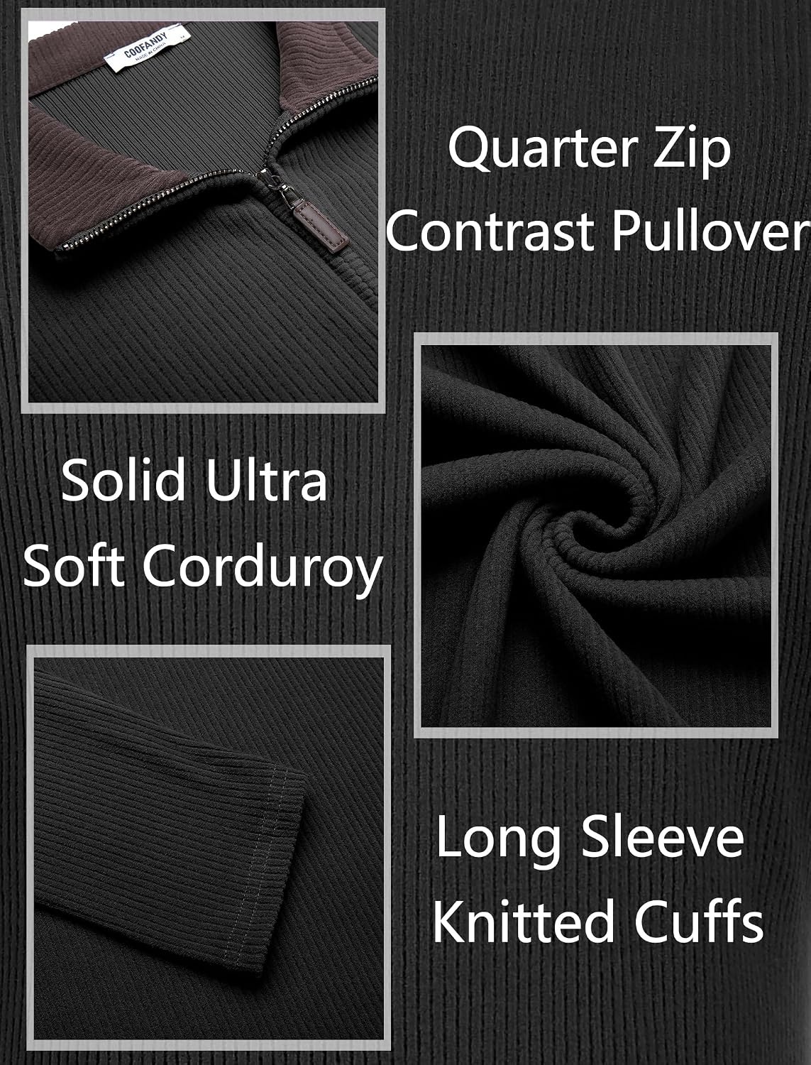 image:imageCOOFANDY Mens Quarter Zip Pullover Contrast Collar Corduroy Sweatshirt Contrast Collar Pullover Mock Neck Sweatshirt Soft Corduroy Pullover Relaxed Fit For Casual Work Travel And Daily WearBlack