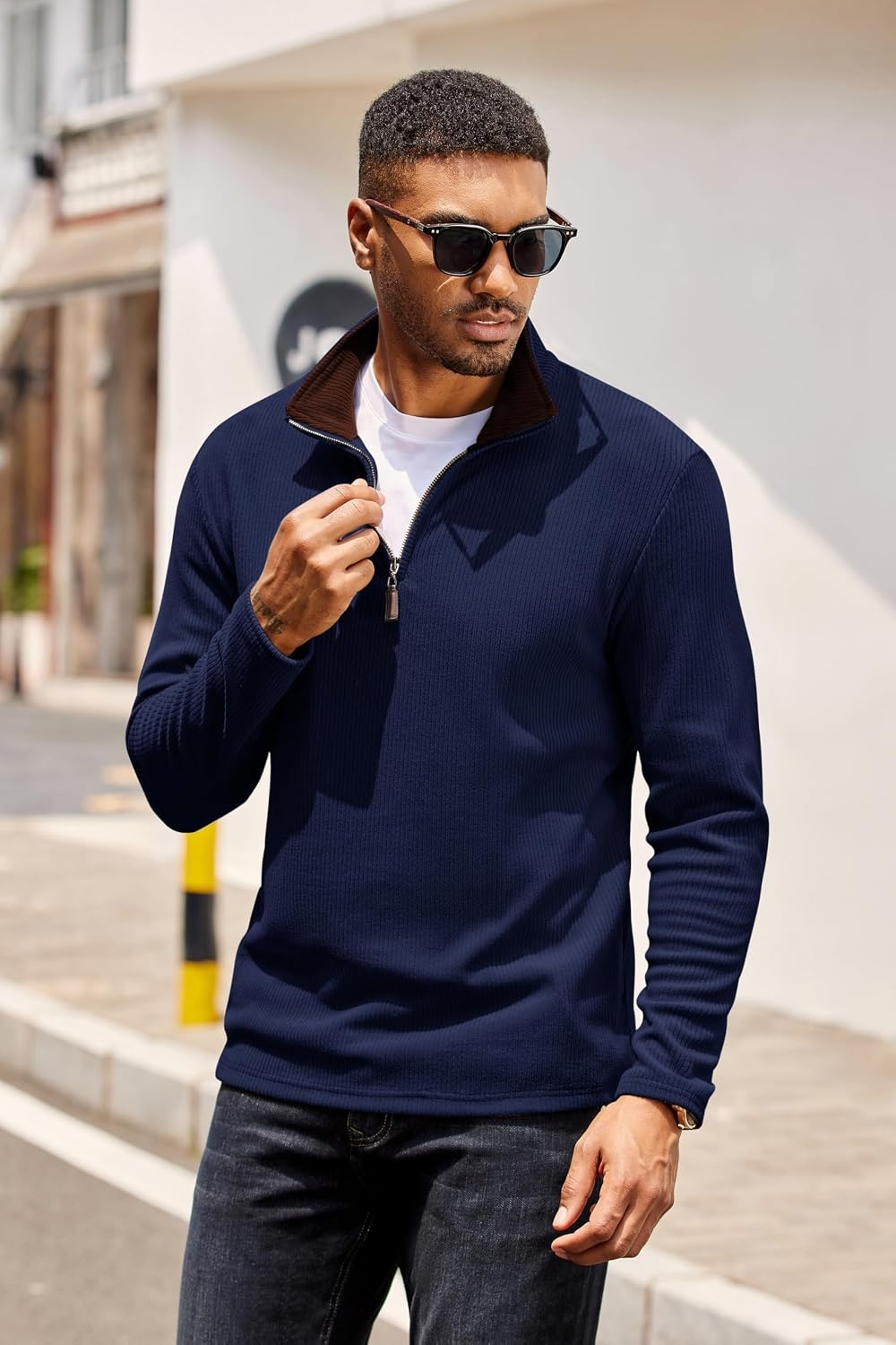 image:imageCOOFANDY Mens Quarter Zip Pullover Contrast Collar Corduroy Sweatshirt Contrast Collar Pullover Mock Neck Sweatshirt Soft Corduroy Pullover Relaxed Fit For Casual Work Travel And Daily WearNavy Blue Brown
