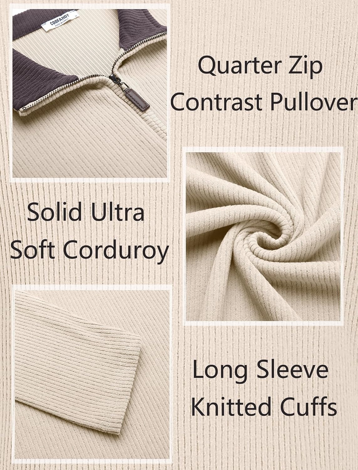 image:imageCOOFANDY Mens Quarter Zip Pullover Contrast Collar Corduroy Sweatshirt Contrast Collar Pullover Mock Neck Sweatshirt Soft Corduroy Pullover Relaxed Fit For Casual Work Travel And Daily WearBeige