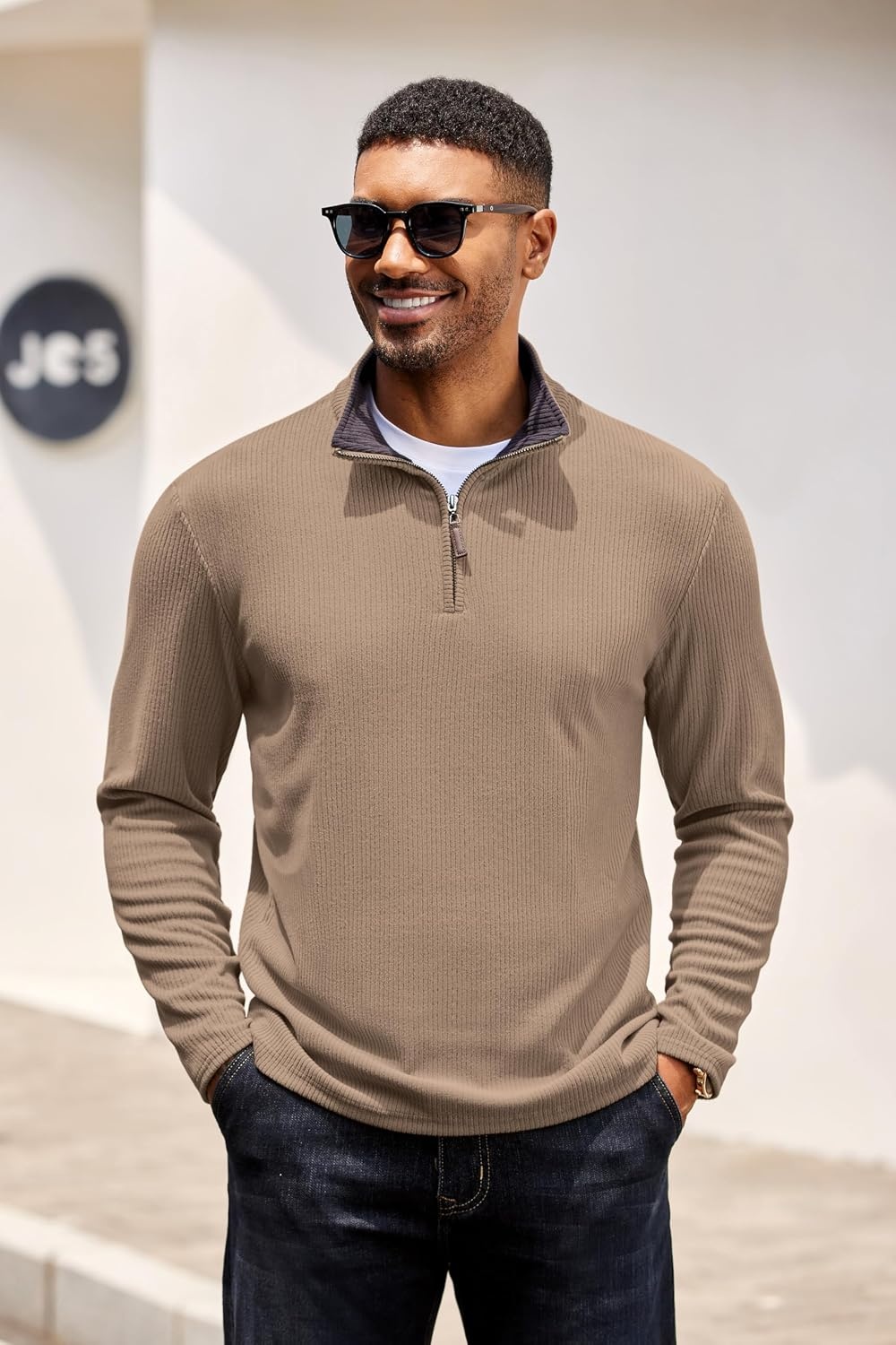 image:imageCOOFANDY Mens Quarter Zip Pullover Contrast Collar Corduroy Sweatshirt Contrast Collar Pullover Mock Neck Sweatshirt Soft Corduroy Pullover Relaxed Fit For Casual Work Travel And Daily WearKhaki