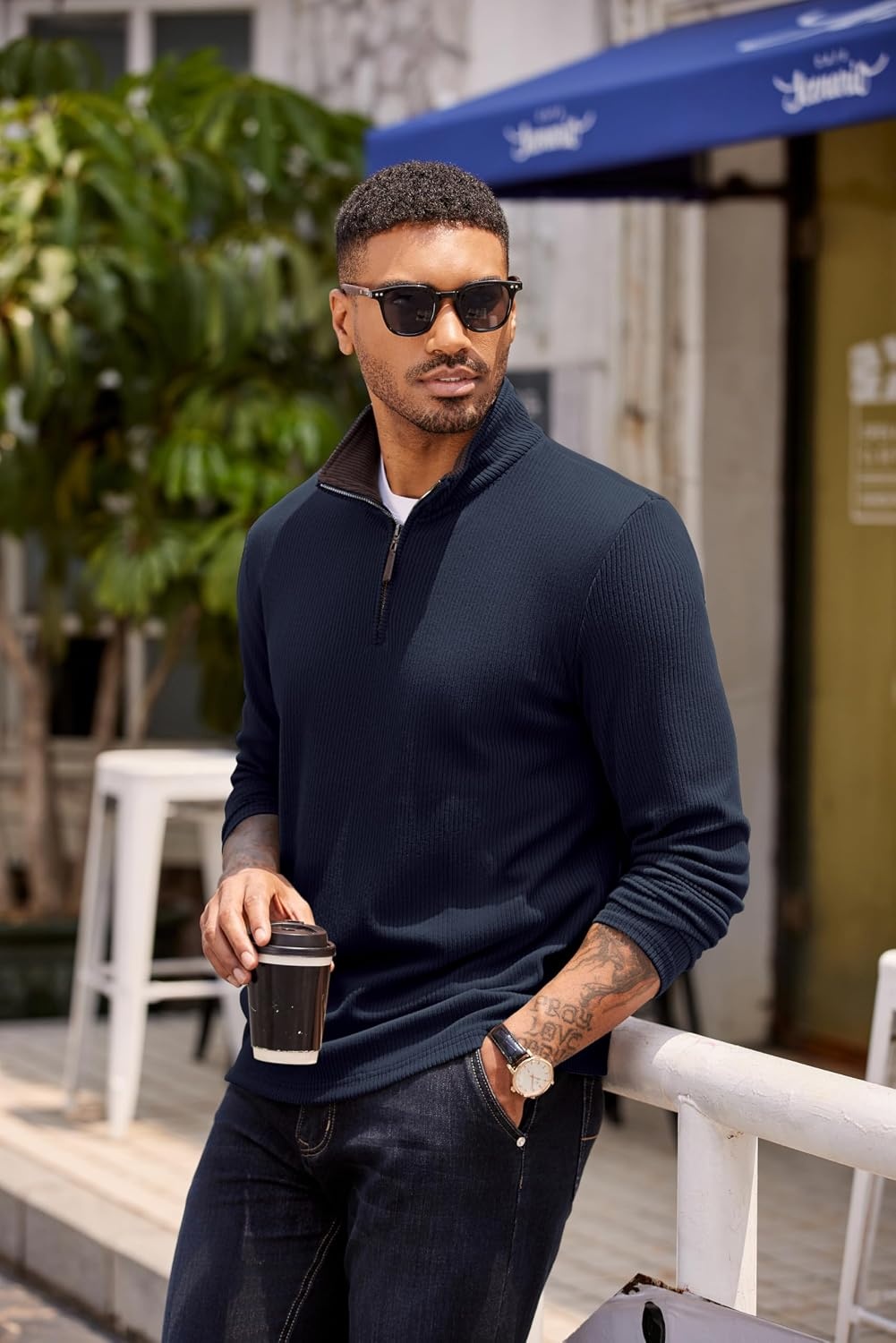 image:imageCOOFANDY Mens Quarter Zip Pullover Contrast Collar Corduroy Sweatshirt Contrast Collar Pullover Mock Neck Sweatshirt Soft Corduroy Pullover Relaxed Fit For Casual Work Travel And Daily WearNavy Blue