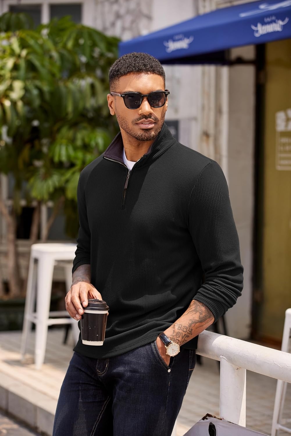 image:imageCOOFANDY Mens Quarter Zip Pullover Contrast Collar Corduroy Sweatshirt Contrast Collar Pullover Mock Neck Sweatshirt Soft Corduroy Pullover Relaxed Fit For Casual Work Travel And Daily WearBlack