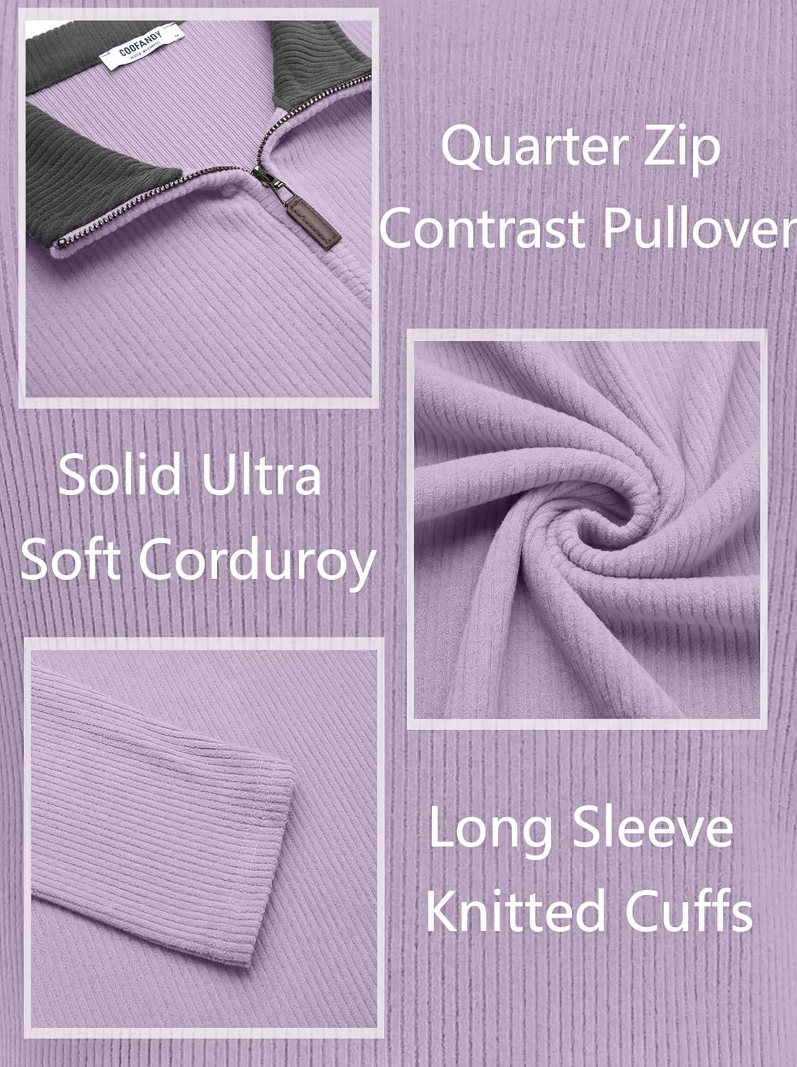 image:imageCOOFANDY Mens Quarter Zip Pullover Contrast Collar Corduroy Sweatshirt Contrast Collar Pullover Mock Neck Sweatshirt Soft Corduroy Pullover Relaxed Fit For Casual Work Travel And Daily WearPurple