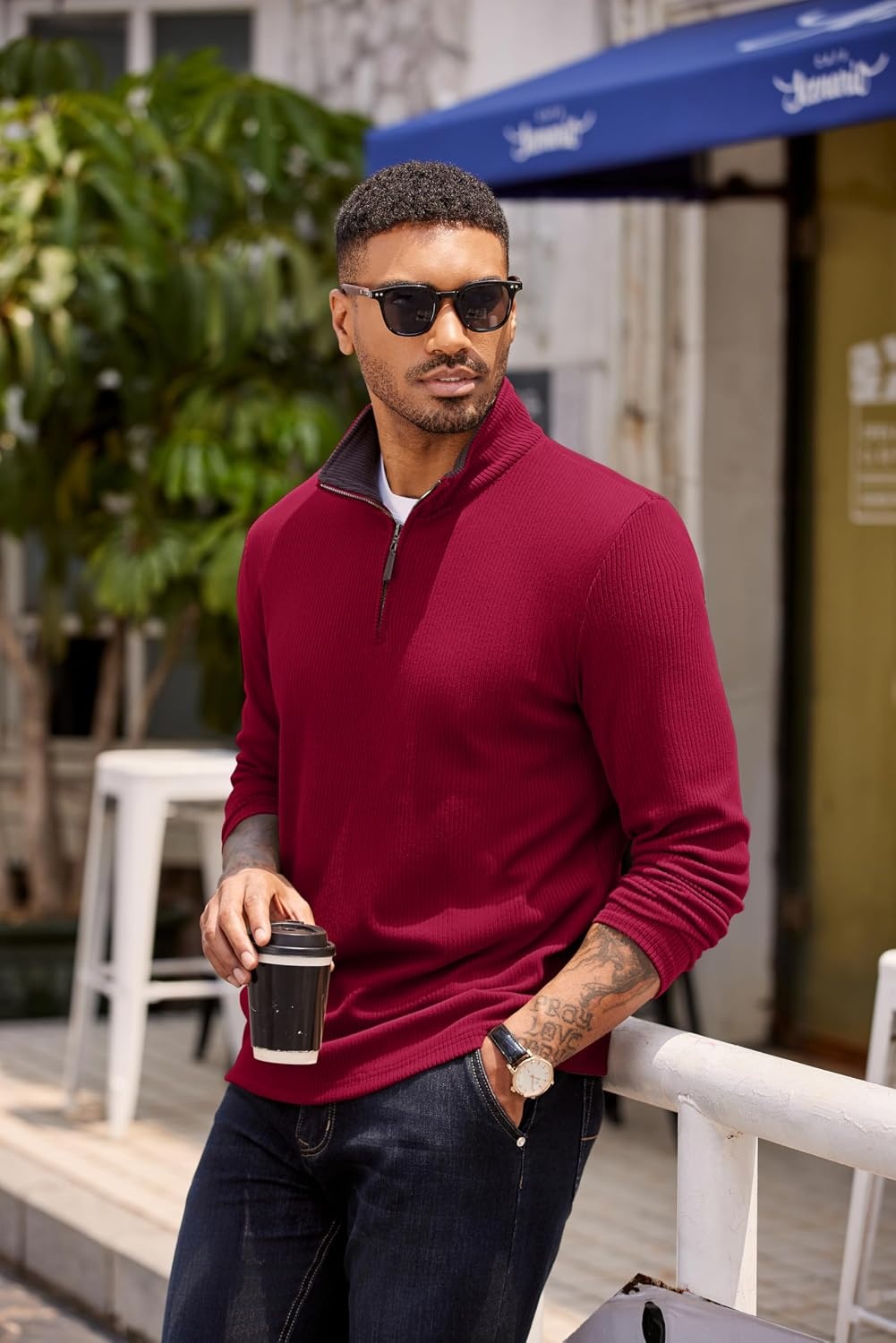 image:imageCOOFANDY Mens Quarter Zip Pullover Contrast Collar Corduroy Sweatshirt Contrast Collar Pullover Mock Neck Sweatshirt Soft Corduroy Pullover Relaxed Fit For Casual Work Travel And Daily WearRed