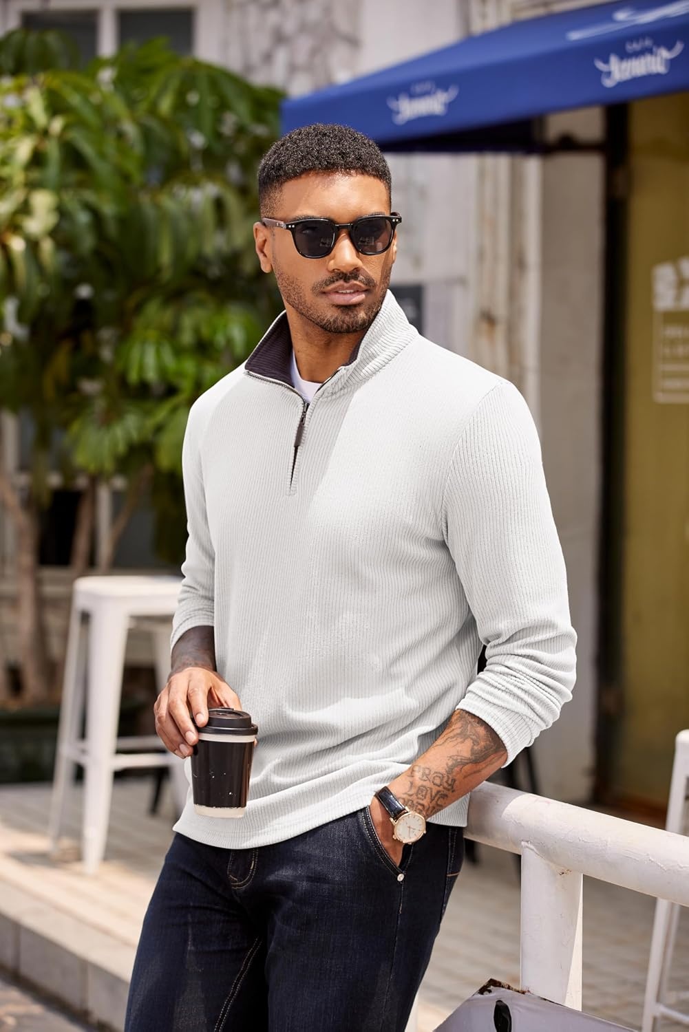 image:imageCOOFANDY Mens Quarter Zip Pullover Contrast Collar Corduroy Sweatshirt Contrast Collar Pullover Mock Neck Sweatshirt Soft Corduroy Pullover Relaxed Fit For Casual Work Travel And Daily WearWhite