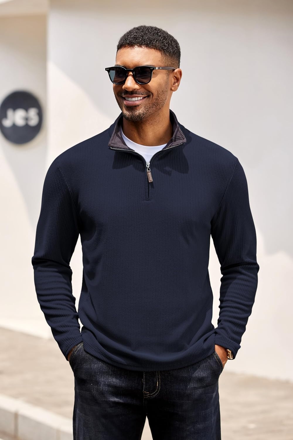 image:imageCOOFANDY Mens Quarter Zip Pullover Contrast Collar Corduroy Sweatshirt Contrast Collar Pullover Mock Neck Sweatshirt Soft Corduroy Pullover Relaxed Fit For Casual Work Travel And Daily WearNavy Blue