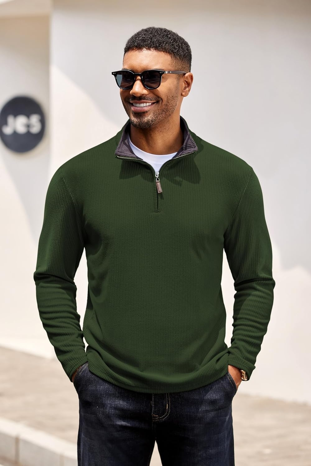 image:imageCOOFANDY Mens Quarter Zip Pullover Contrast Collar Corduroy Sweatshirt Contrast Collar Pullover Mock Neck Sweatshirt Soft Corduroy Pullover Relaxed Fit For Casual Work Travel And Daily WearArmy Green