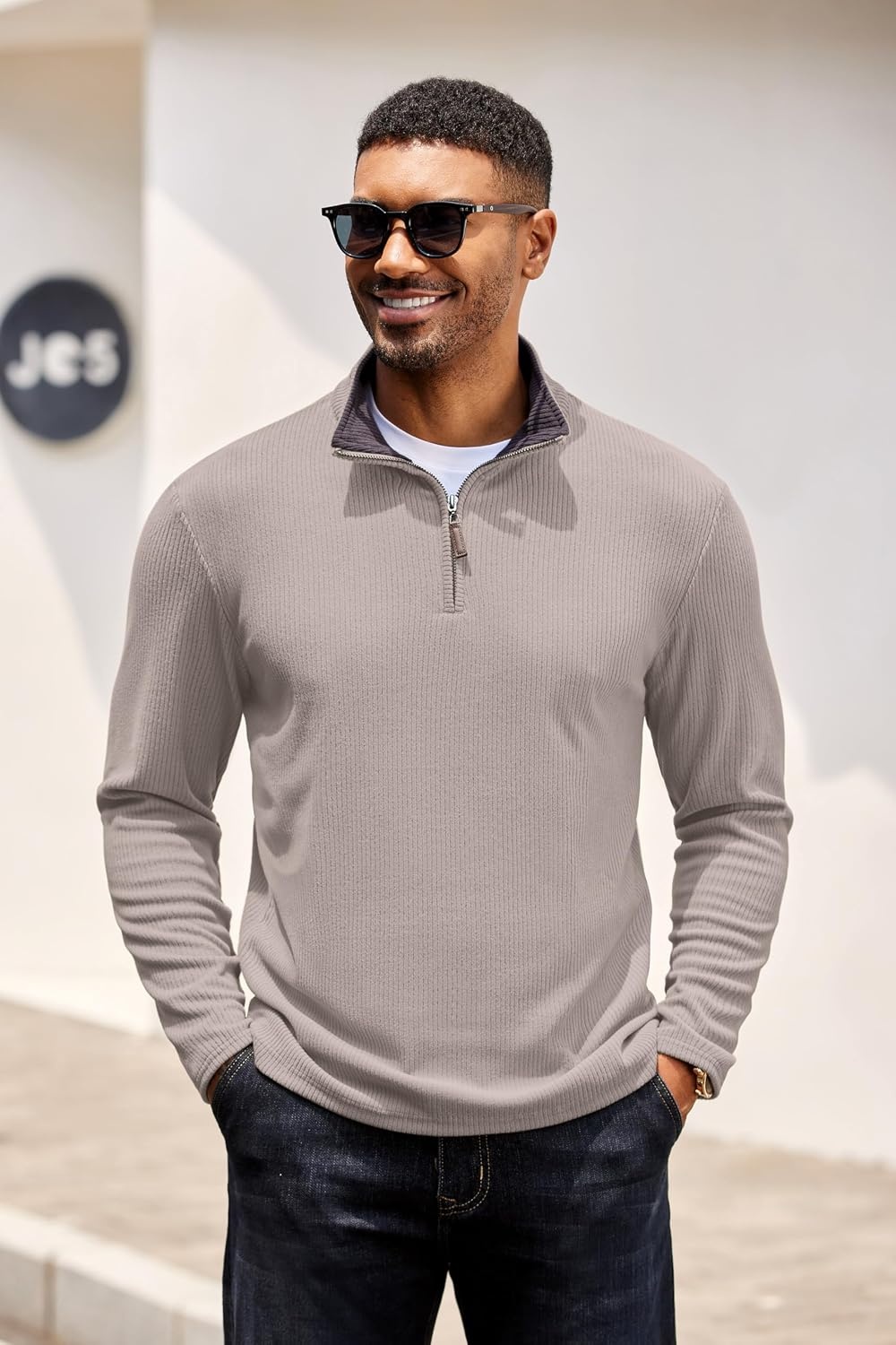 image:imageCOOFANDY Mens Quarter Zip Pullover Contrast Collar Corduroy Sweatshirt Contrast Collar Pullover Mock Neck Sweatshirt Soft Corduroy Pullover Relaxed Fit For Casual Work Travel And Daily WearMoon Gray