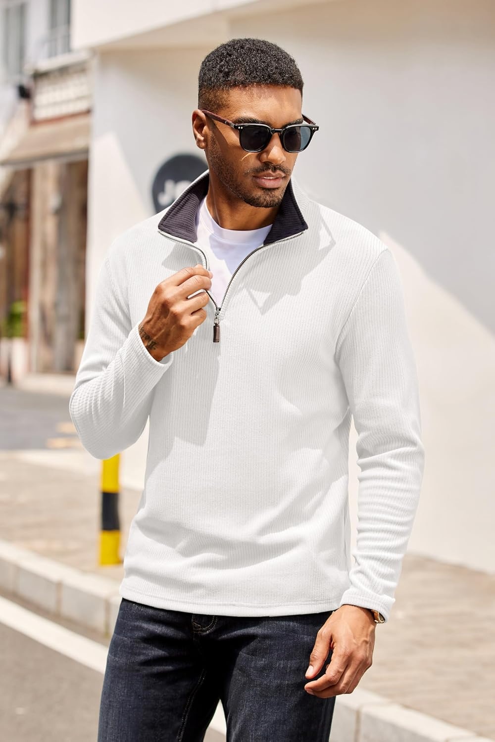 image:imageCOOFANDY Mens Quarter Zip Pullover Contrast Collar Corduroy Sweatshirt Contrast Collar Pullover Mock Neck Sweatshirt Soft Corduroy Pullover Relaxed Fit For Casual Work Travel And Daily WearWhite