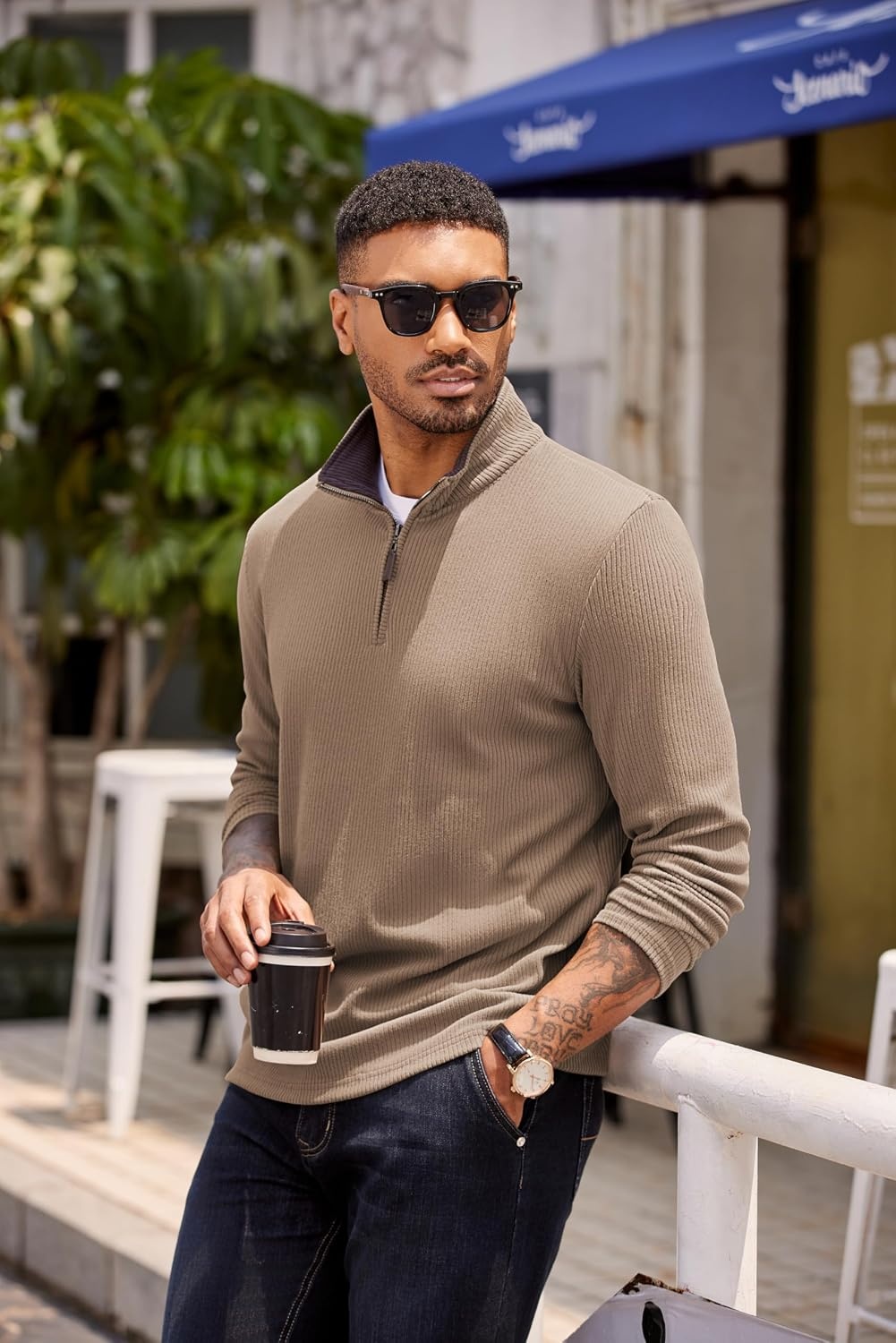 image:imageCOOFANDY Mens Quarter Zip Pullover Contrast Collar Corduroy Sweatshirt Contrast Collar Pullover Mock Neck Sweatshirt Soft Corduroy Pullover Relaxed Fit For Casual Work Travel And Daily WearKhaki