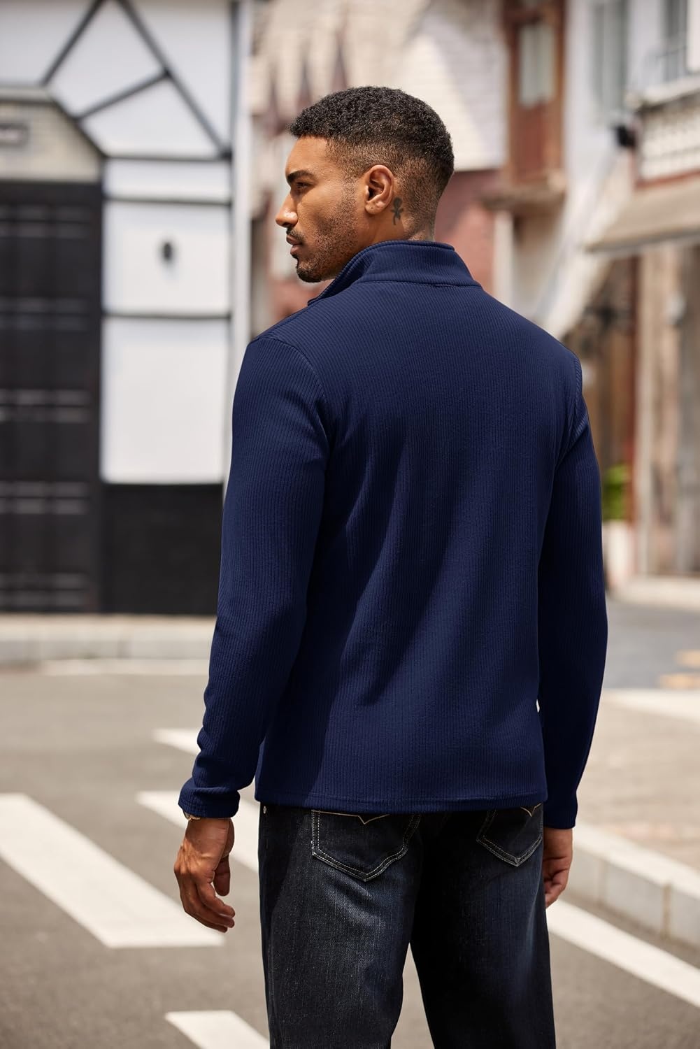 image:imageCOOFANDY Mens Quarter Zip Pullover Contrast Collar Corduroy Sweatshirt Contrast Collar Pullover Mock Neck Sweatshirt Soft Corduroy Pullover Relaxed Fit For Casual Work Travel And Daily WearNavy Blue Brown