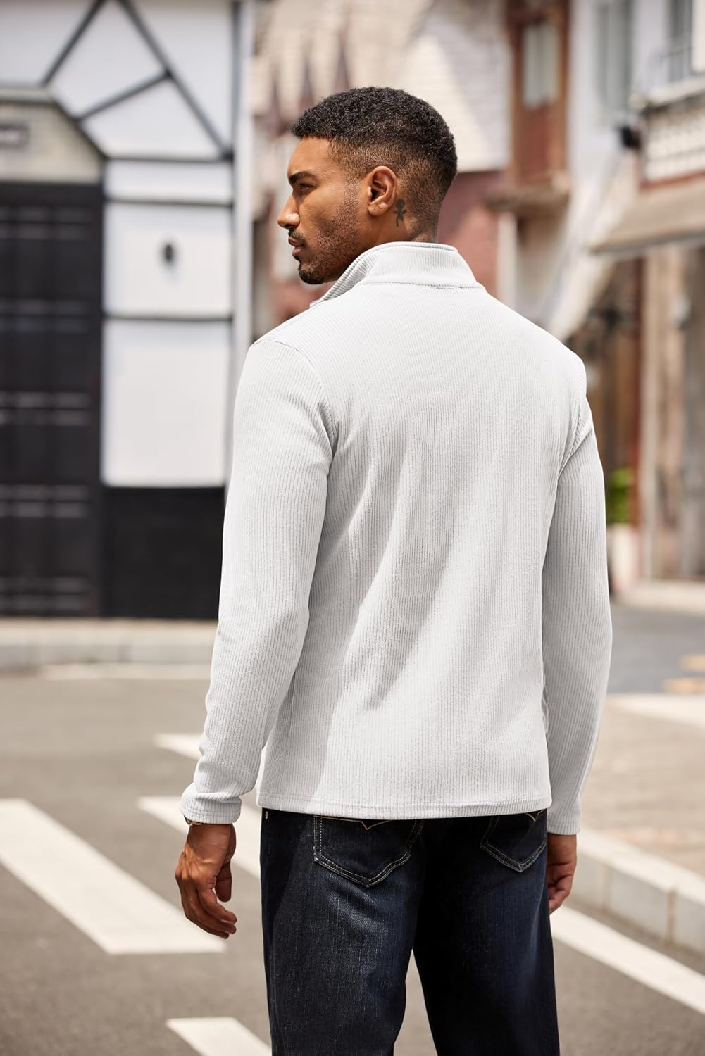 image:imageCOOFANDY Mens Quarter Zip Pullover Contrast Collar Corduroy Sweatshirt Contrast Collar Pullover Mock Neck Sweatshirt Soft Corduroy Pullover Relaxed Fit For Casual Work Travel And Daily WearWhite