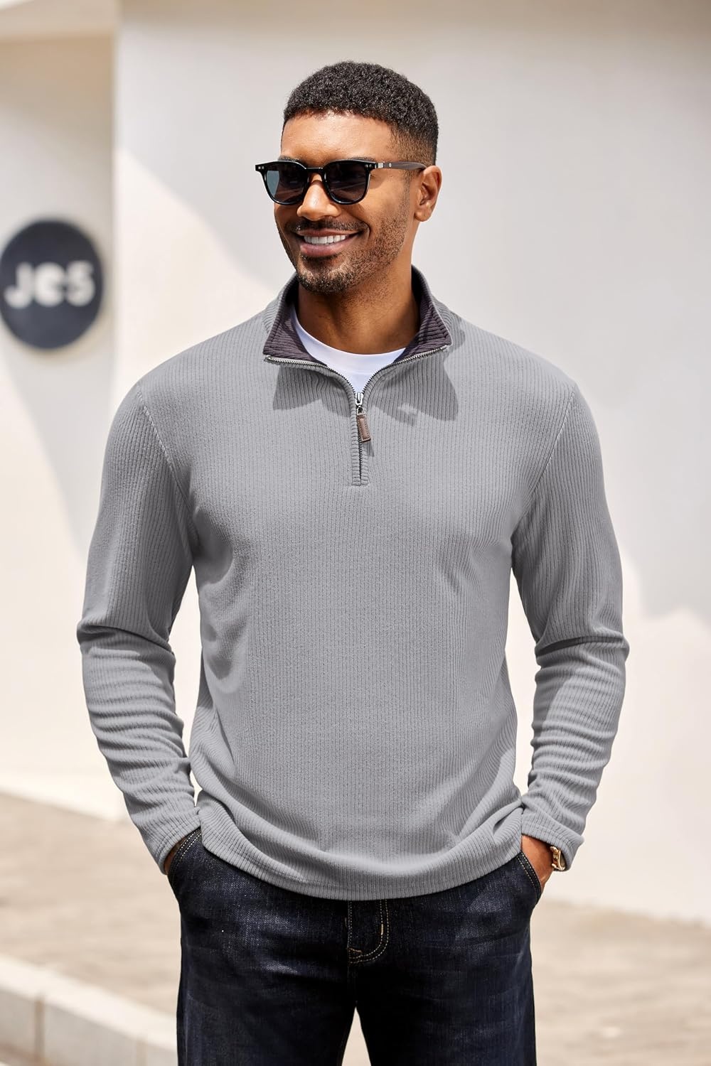 image:imageCOOFANDY Mens Quarter Zip Pullover Contrast Collar Corduroy Sweatshirt Contrast Collar Pullover Mock Neck Sweatshirt Soft Corduroy Pullover Relaxed Fit For Casual Work Travel And Daily WearGray