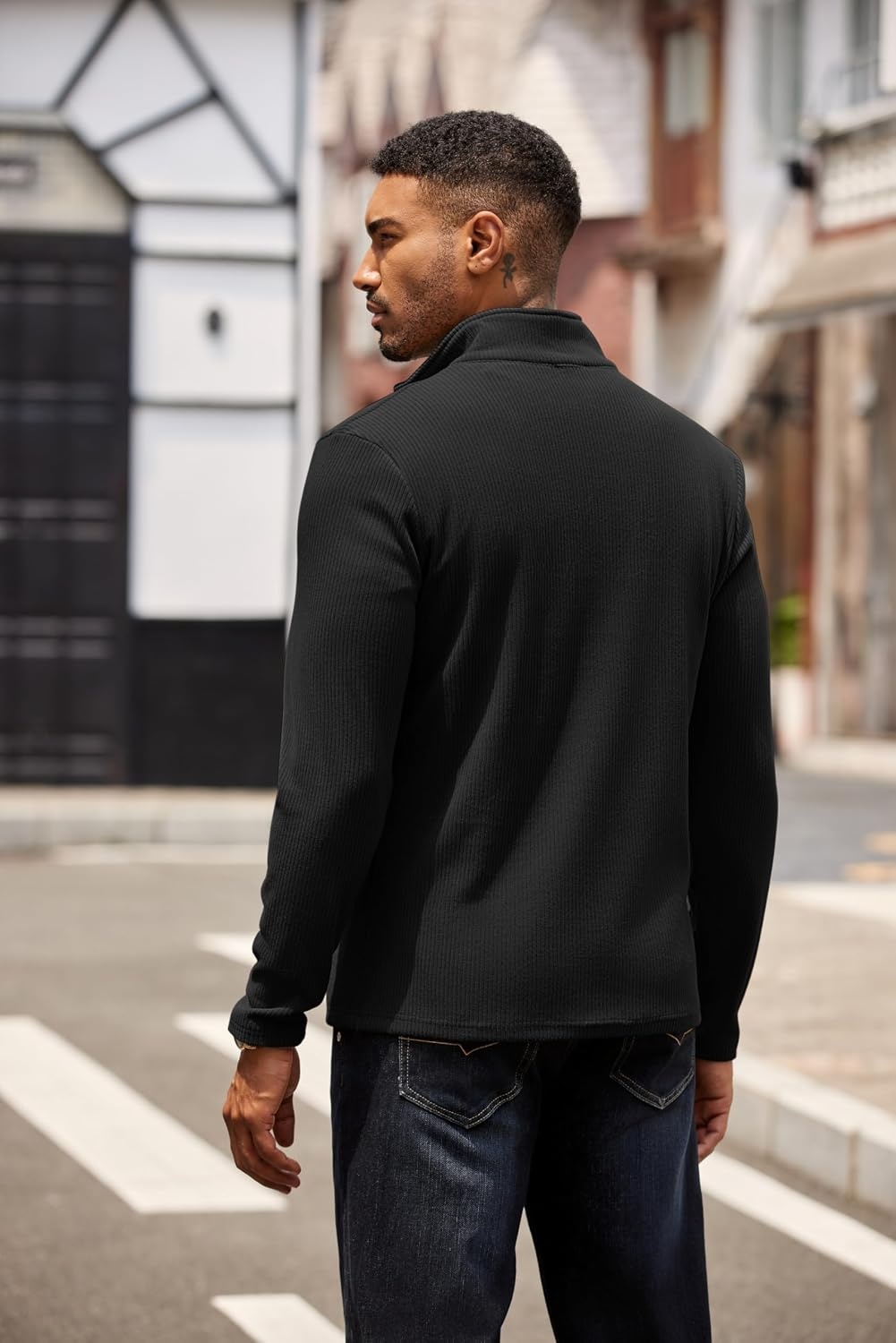 image:imageCOOFANDY Mens Quarter Zip Pullover Contrast Collar Corduroy Sweatshirt Contrast Collar Pullover Mock Neck Sweatshirt Soft Corduroy Pullover Relaxed Fit For Casual Work Travel And Daily WearBlack