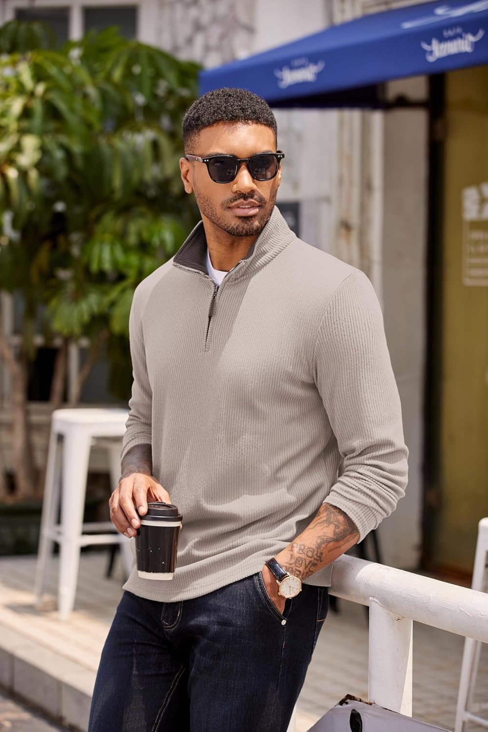 image:imageCOOFANDY Mens Quarter Zip Pullover Contrast Collar Corduroy Sweatshirt Contrast Collar Pullover Mock Neck Sweatshirt Soft Corduroy Pullover Relaxed Fit For Casual Work Travel And Daily WearMoon Gray