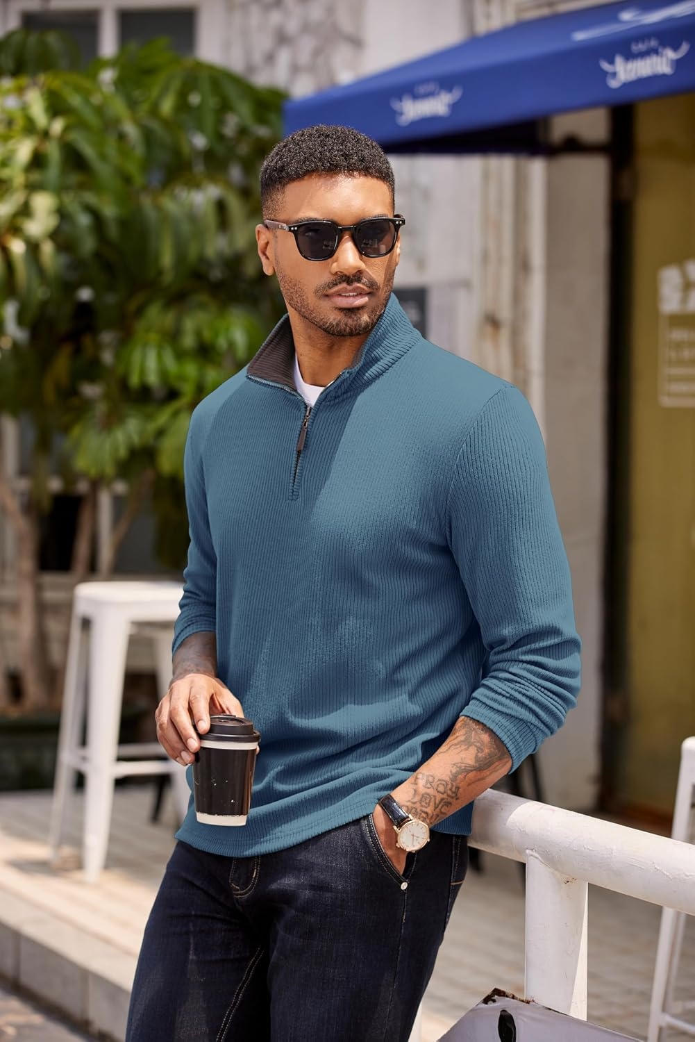 image:imageCOOFANDY Mens Quarter Zip Pullover Contrast Collar Corduroy Sweatshirt Contrast Collar Pullover Mock Neck Sweatshirt Soft Corduroy Pullover Relaxed Fit For Casual Work Travel And Daily WearDark Blue