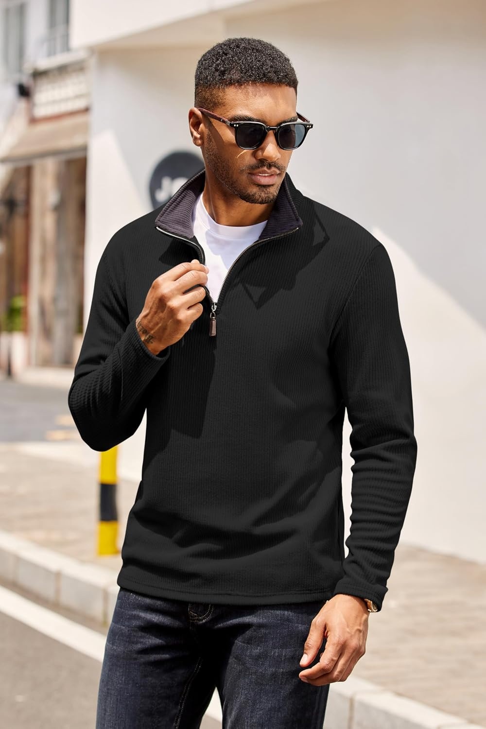 image:imageCOOFANDY Mens Quarter Zip Pullover Contrast Collar Corduroy Sweatshirt Contrast Collar Pullover Mock Neck Sweatshirt Soft Corduroy Pullover Relaxed Fit For Casual Work Travel And Daily WearBlack