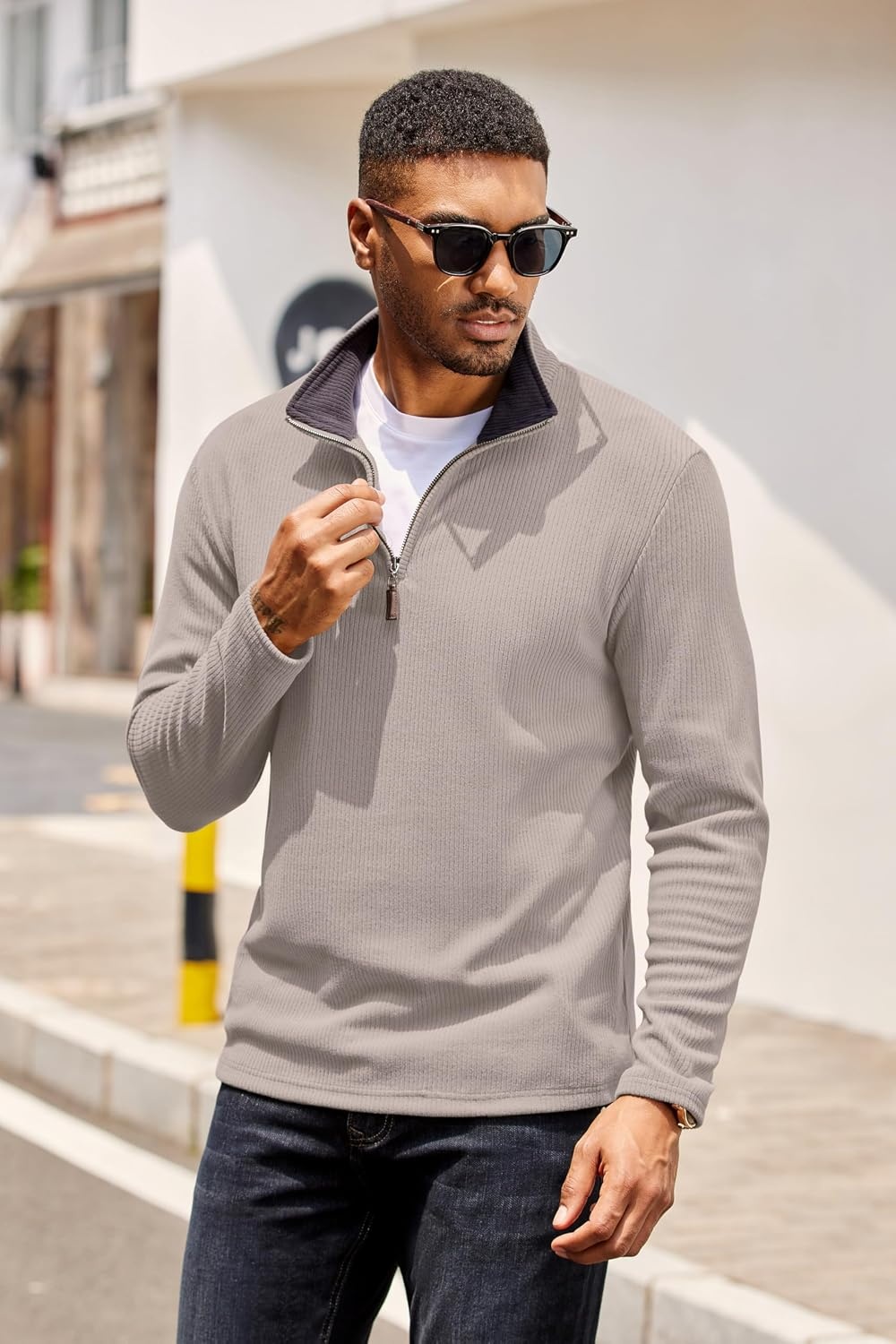 image:imageCOOFANDY Mens Quarter Zip Pullover Contrast Collar Corduroy Sweatshirt Contrast Collar Pullover Mock Neck Sweatshirt Soft Corduroy Pullover Relaxed Fit For Casual Work Travel And Daily WearMoon Gray