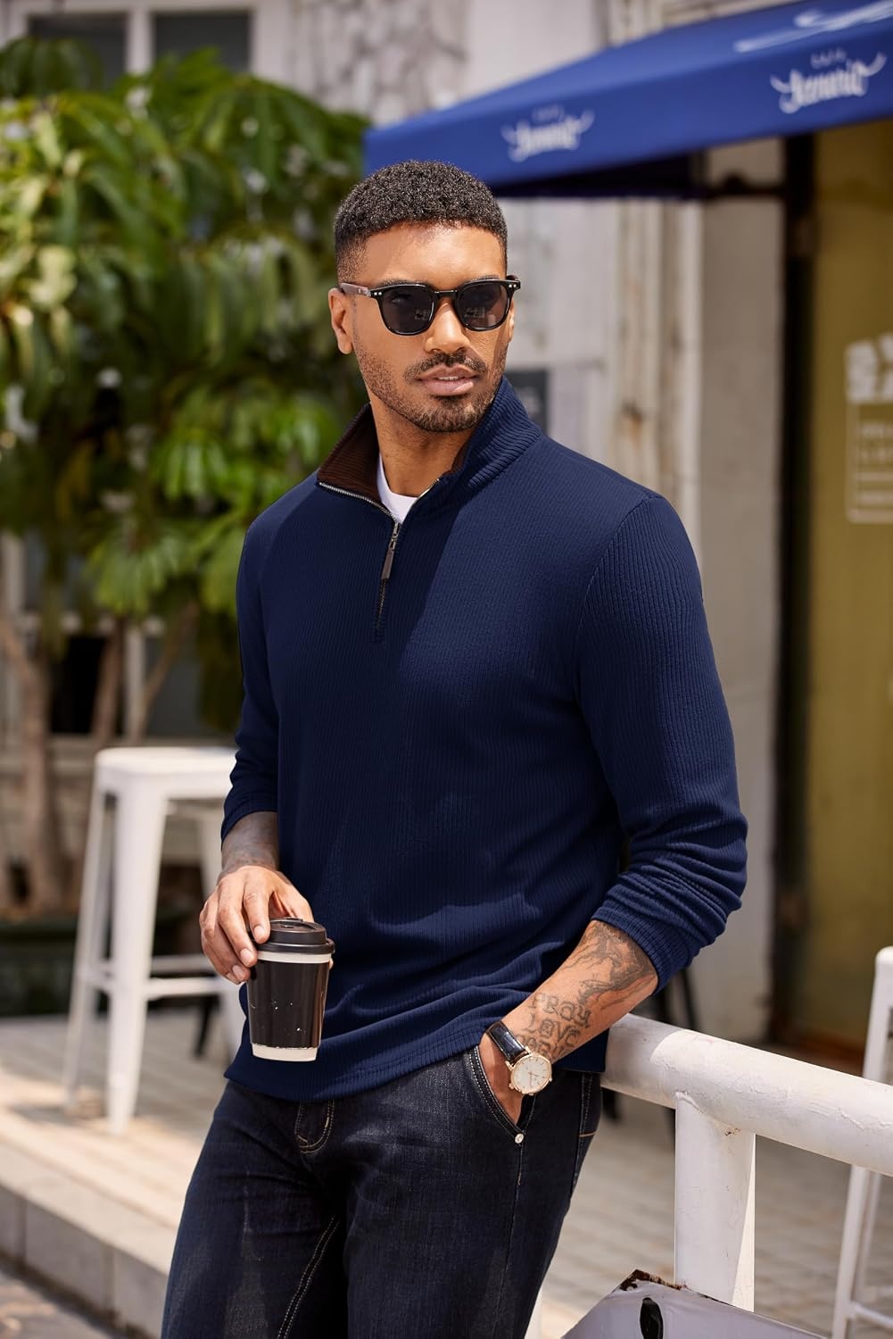 image:imageCOOFANDY Mens Quarter Zip Pullover Contrast Collar Corduroy Sweatshirt Contrast Collar Pullover Mock Neck Sweatshirt Soft Corduroy Pullover Relaxed Fit For Casual Work Travel And Daily WearNavy Blue Brown