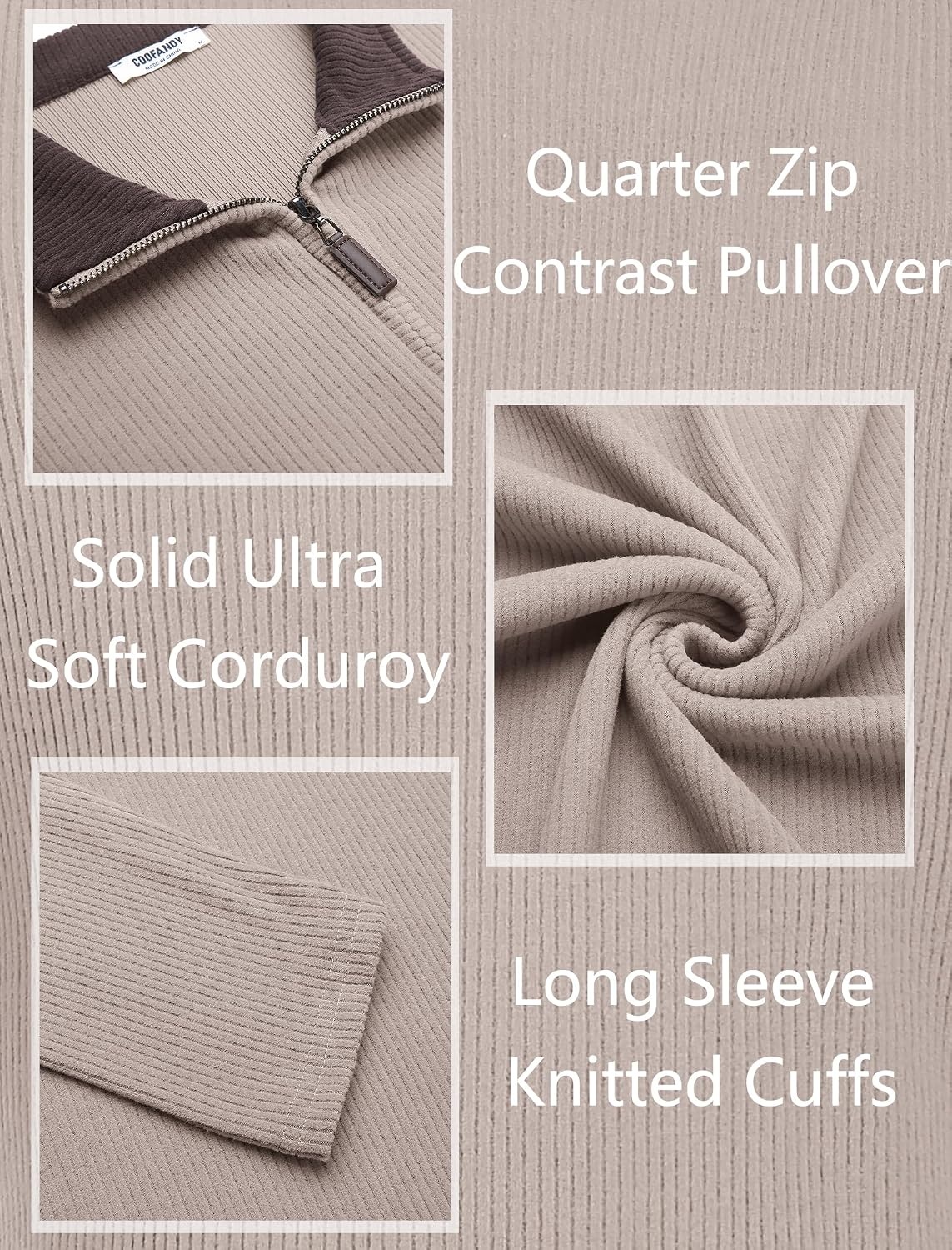 image:imageCOOFANDY Mens Quarter Zip Pullover Contrast Collar Corduroy Sweatshirt Contrast Collar Pullover Mock Neck Sweatshirt Soft Corduroy Pullover Relaxed Fit For Casual Work Travel And Daily WearMoon Gray