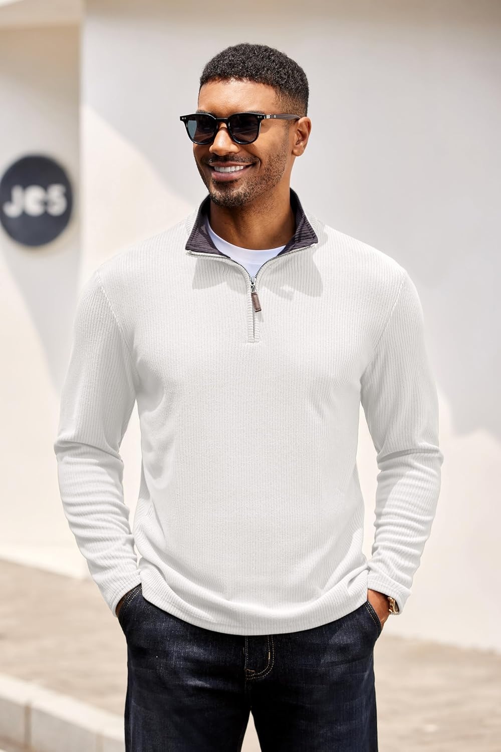 image:imageCOOFANDY Mens Quarter Zip Pullover Contrast Collar Corduroy Sweatshirt Contrast Collar Pullover Mock Neck Sweatshirt Soft Corduroy Pullover Relaxed Fit For Casual Work Travel And Daily WearWhite
