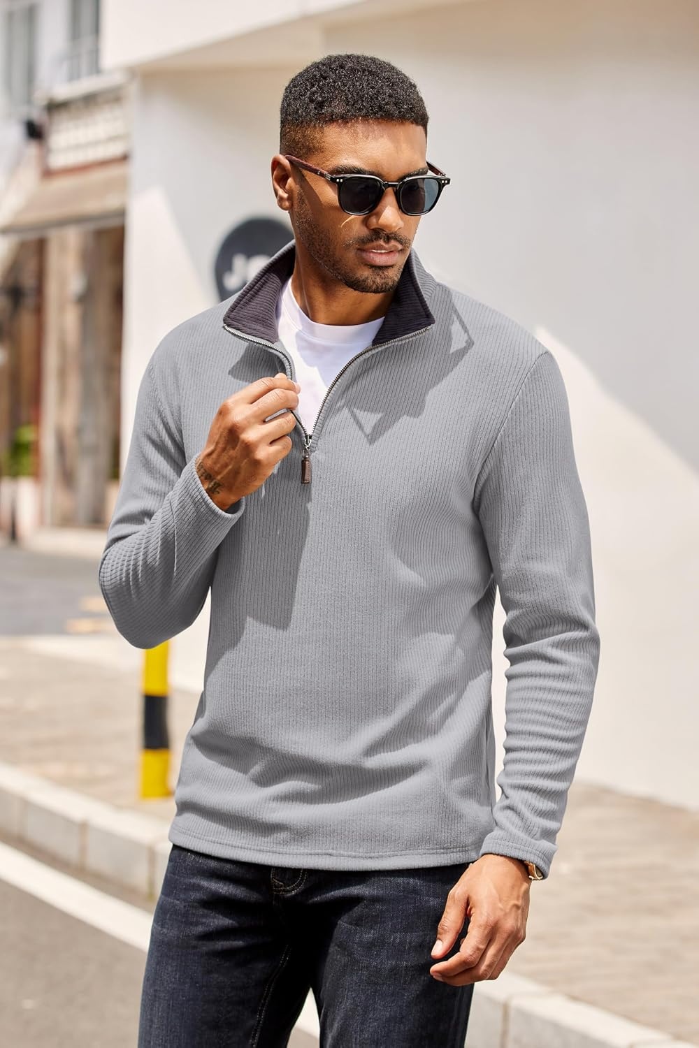 image:imageCOOFANDY Mens Quarter Zip Pullover Contrast Collar Corduroy Sweatshirt Contrast Collar Pullover Mock Neck Sweatshirt Soft Corduroy Pullover Relaxed Fit For Casual Work Travel And Daily WearGray