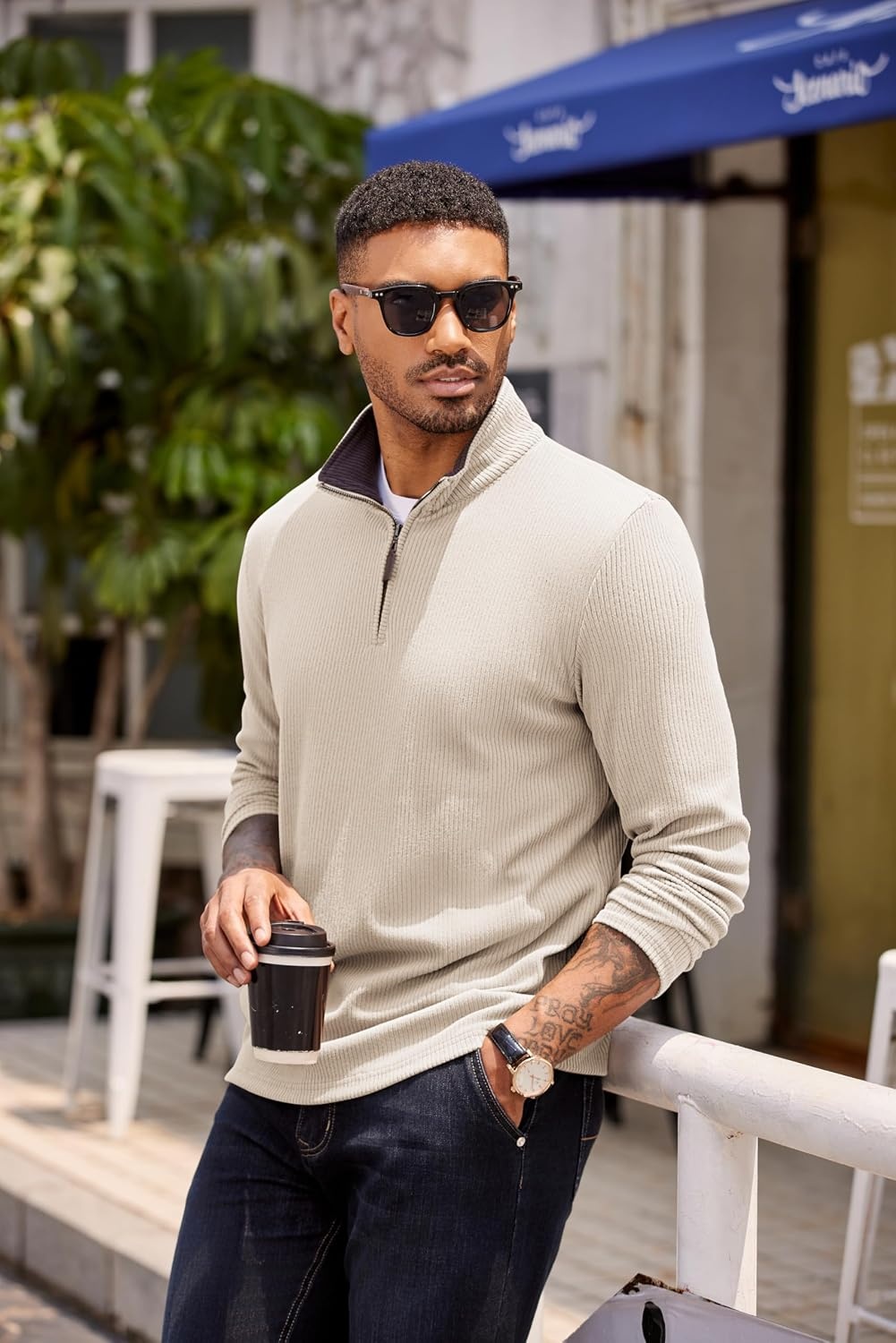 image:imageCOOFANDY Mens Quarter Zip Pullover Contrast Collar Corduroy Sweatshirt Contrast Collar Pullover Mock Neck Sweatshirt Soft Corduroy Pullover Relaxed Fit For Casual Work Travel And Daily WearBeige