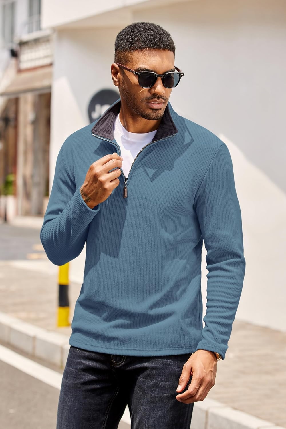 image:imageCOOFANDY Mens Quarter Zip Pullover Contrast Collar Corduroy Sweatshirt Contrast Collar Pullover Mock Neck Sweatshirt Soft Corduroy Pullover Relaxed Fit For Casual Work Travel And Daily WearDark Blue
