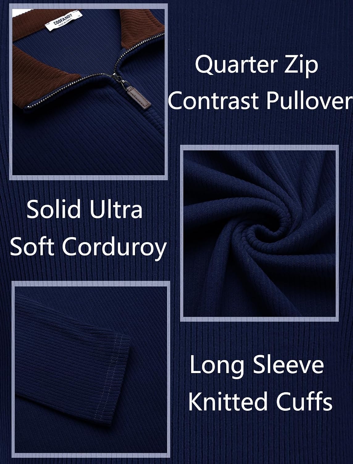 image:imageCOOFANDY Mens Quarter Zip Pullover Contrast Collar Corduroy Sweatshirt Contrast Collar Pullover Mock Neck Sweatshirt Soft Corduroy Pullover Relaxed Fit For Casual Work Travel And Daily WearNavy Blue Brown