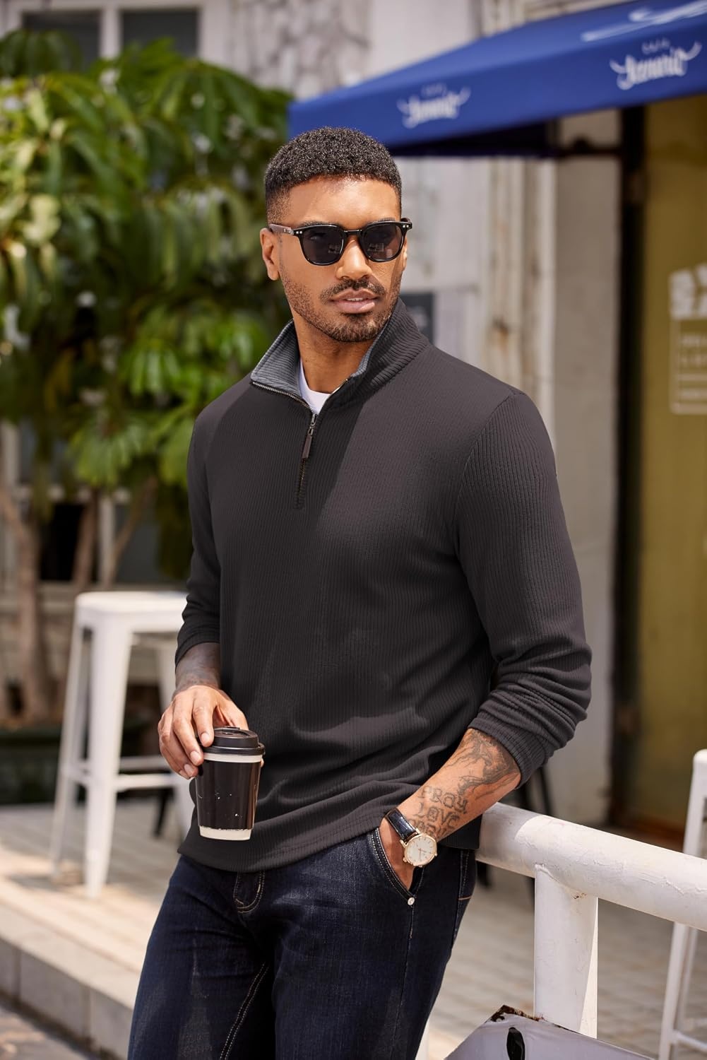 image:imageCOOFANDY Mens Quarter Zip Pullover Contrast Collar Corduroy Sweatshirt Contrast Collar Pullover Mock Neck Sweatshirt Soft Corduroy Pullover Relaxed Fit For Casual Work Travel And Daily WearDark Grey