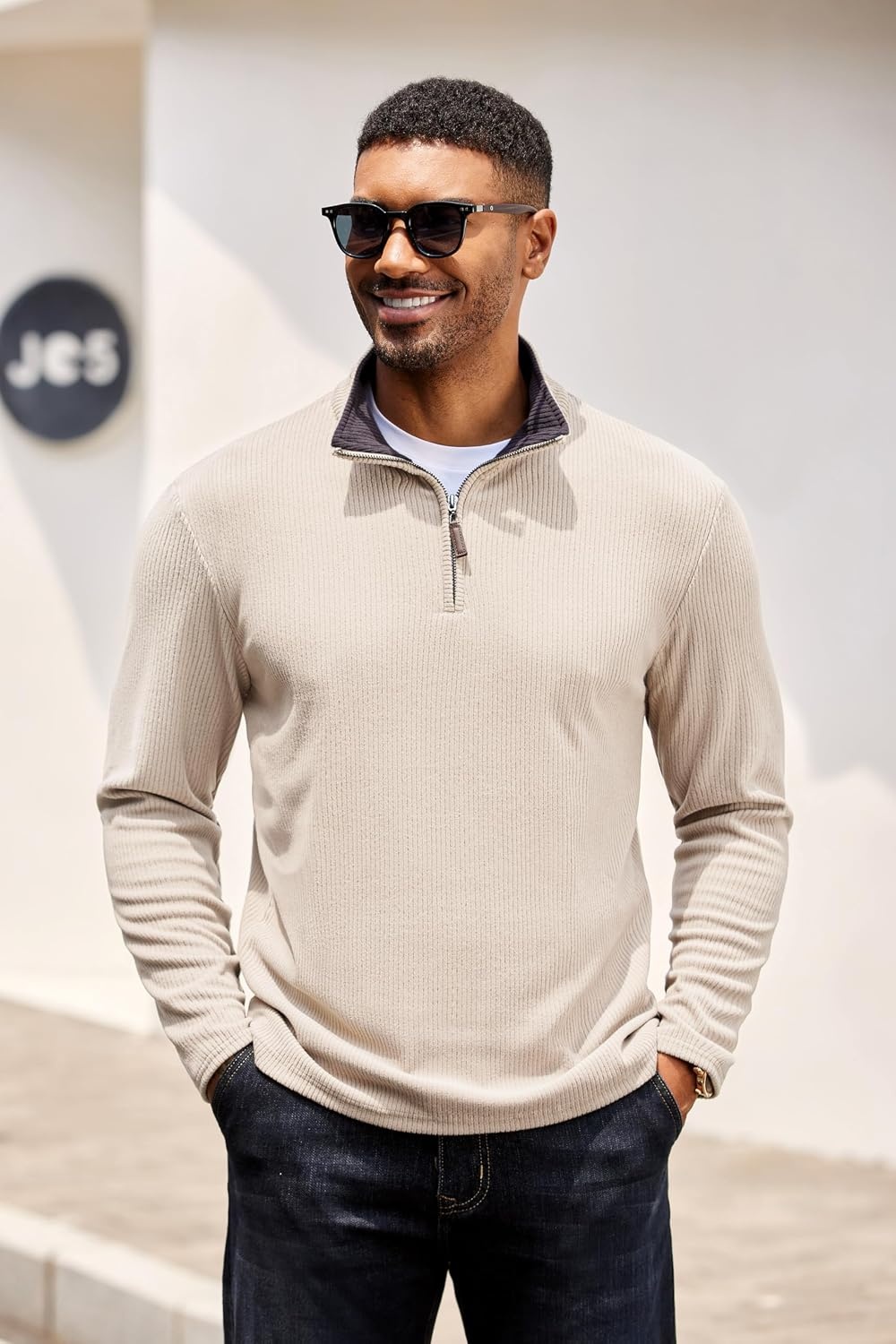 image:imageCOOFANDY Mens Quarter Zip Pullover Contrast Collar Corduroy Sweatshirt Contrast Collar Pullover Mock Neck Sweatshirt Soft Corduroy Pullover Relaxed Fit For Casual Work Travel And Daily WearBeige